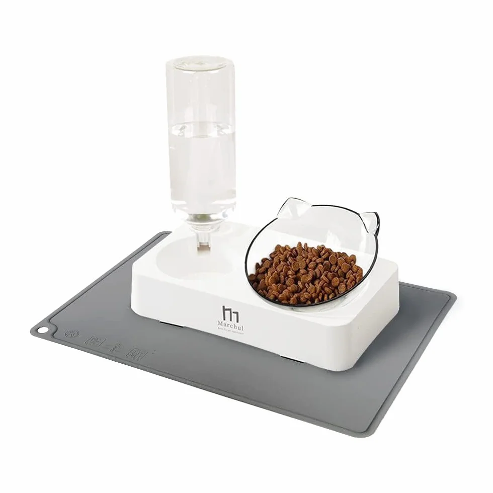 Marchul Ciotole per Gatti con Tappetino, per cibo, con Distributore Automatico di Acqua, Rialzate, 15° Inclinate, Doppio, per Cuccioli