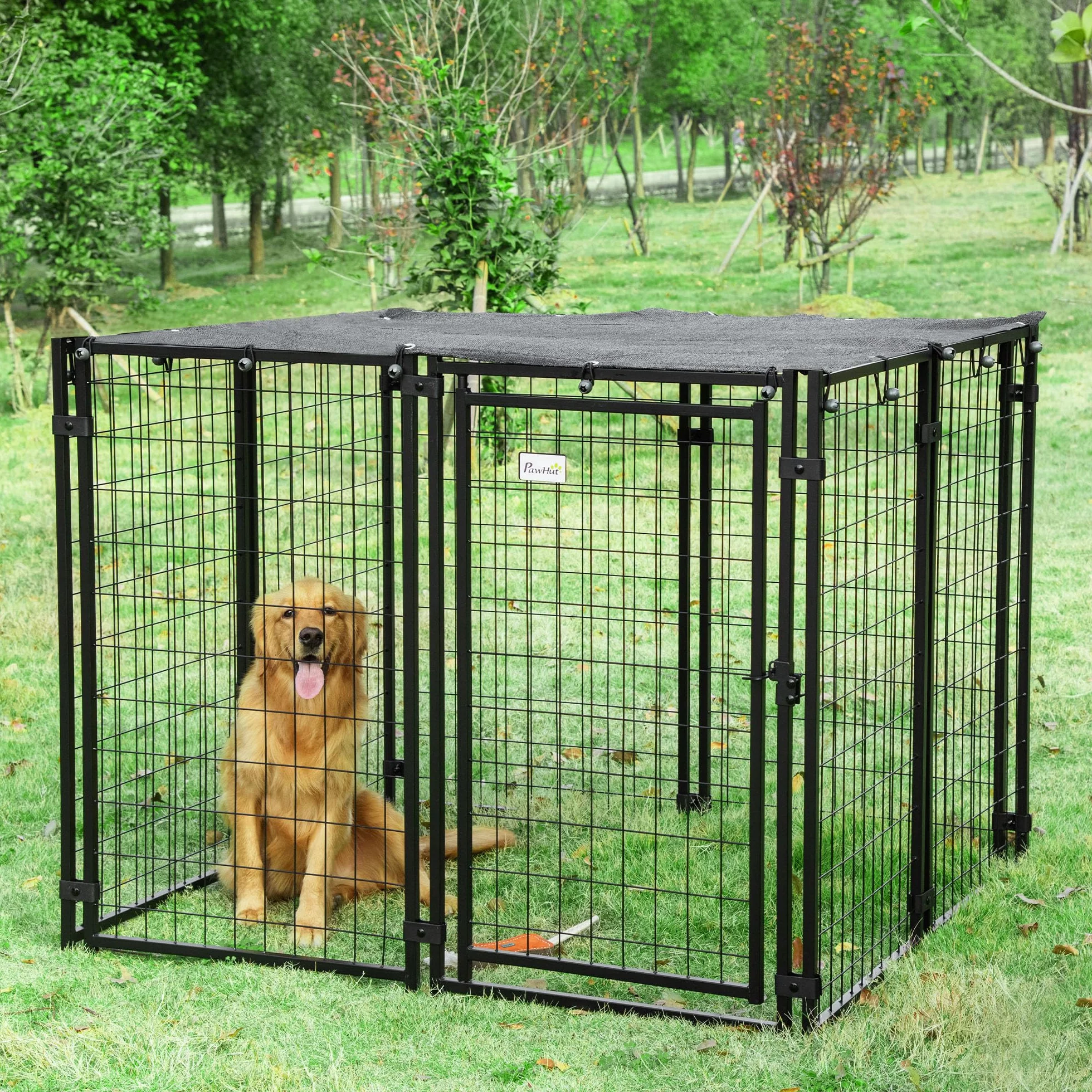 PawHut Recinto per Cani in Acciaio Pieghevole con Copertura, Box per Animali a 8 Pannelli con Porta Bloccabile, 141x141x113cm, Nero