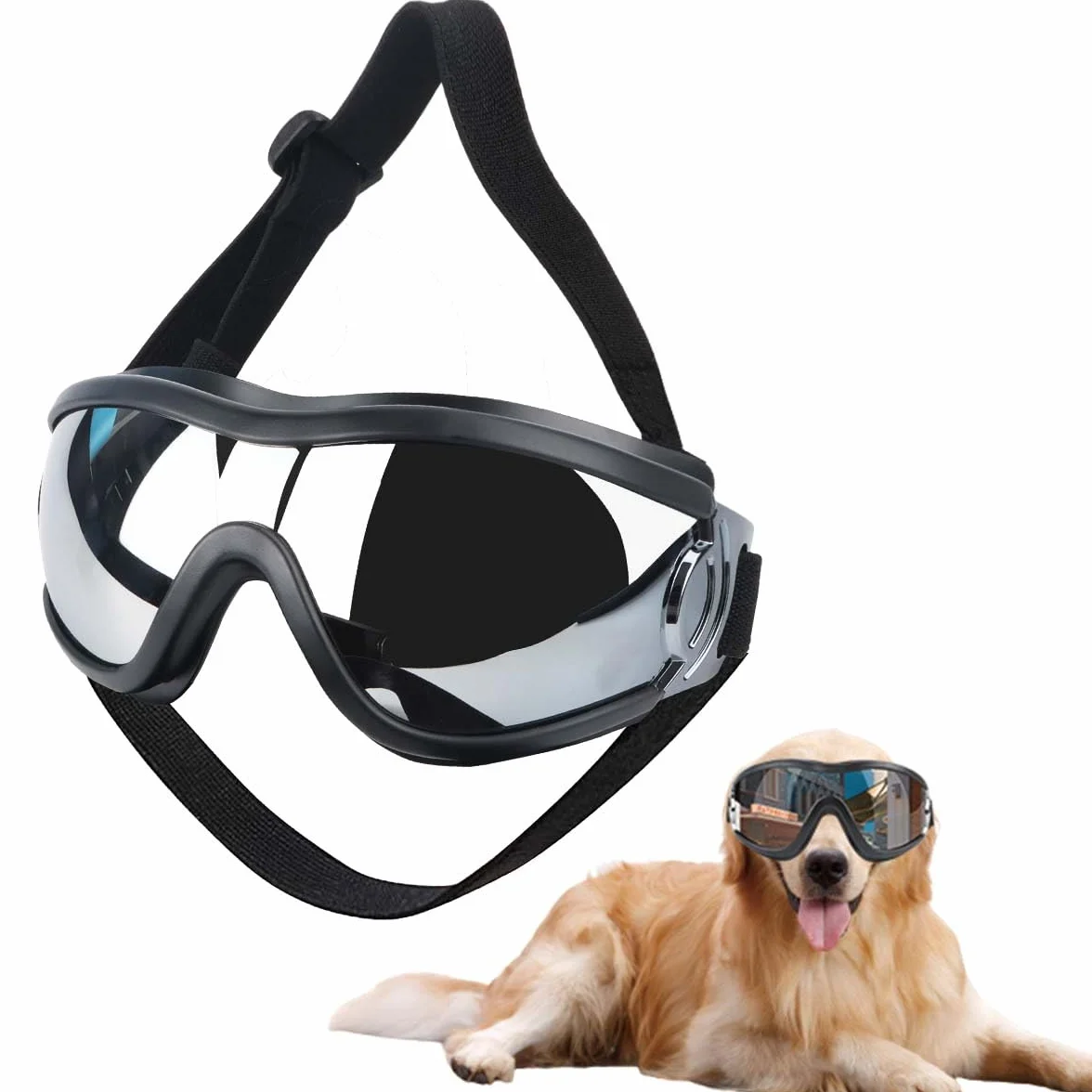 Occhiali da sole per cani medi e grandi, trasparenti con cinghia regolabile, antivento, antipolvere e neve, protezione per animali domestici