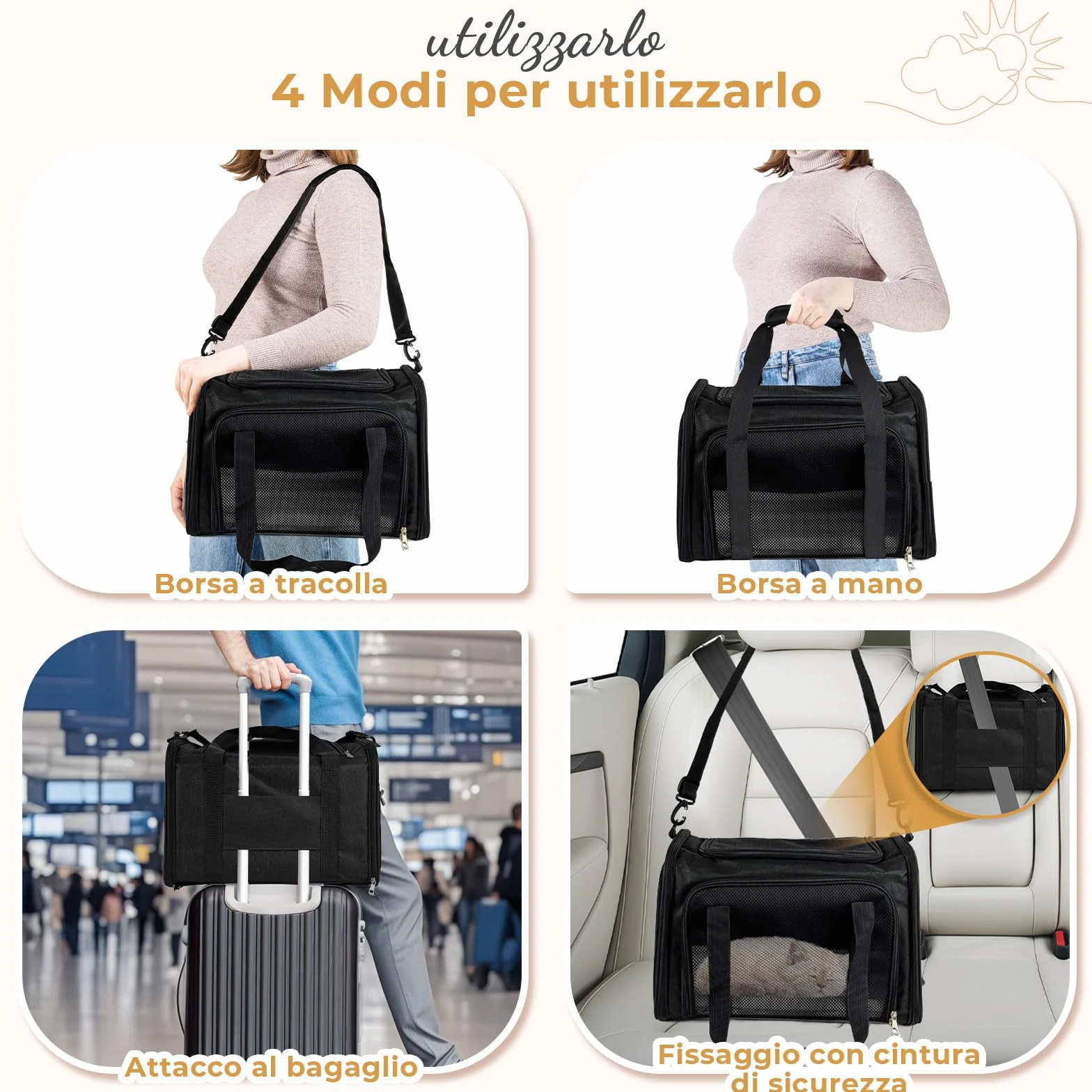 Trasportino per Gatti, 50x34x34cm Trasporto per Gatti e Animali fino a 8 kg, Trasportino per Animali Portatile Pieghevole, Trasportino per Viaggi Lunghi e Brevi (Nero)