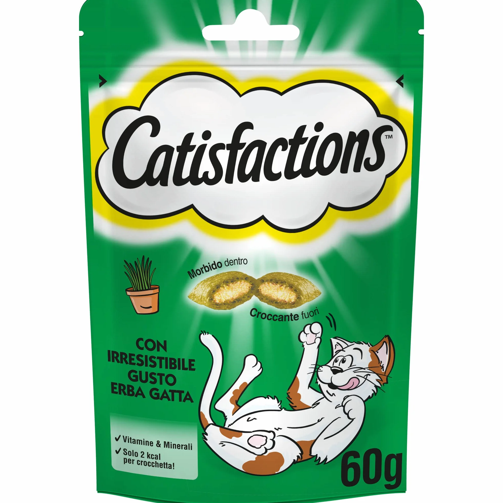 Catisfactions, Snack per Gatto, con Irresistibile Erba Gatta, 6 Confezioni da 60g, Verde, 60 g (Confezione da 6)