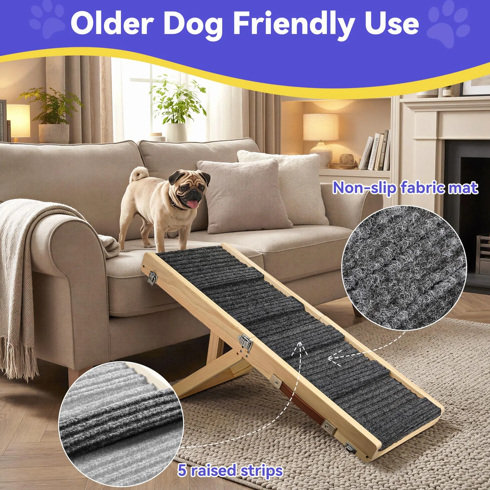 Piccola Rampa per Cani Pieghevole in Legno per Divano e Letto, 4 Altezze Regolabili da 13" a 21", Gradini Stabili con Cuscinetto Antiscivolo