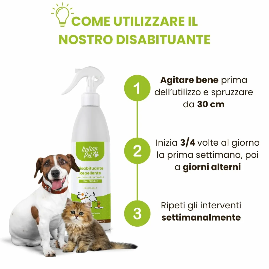 Italian Pet Eco Disabituante per Gatti, Cani, Animali Domestici - Repellente Pipì da Esterno e Interno - Dissuasore Naturale Urine Pronto Uso - Innocuo per Salute - Flacone plastica 100% riciclata