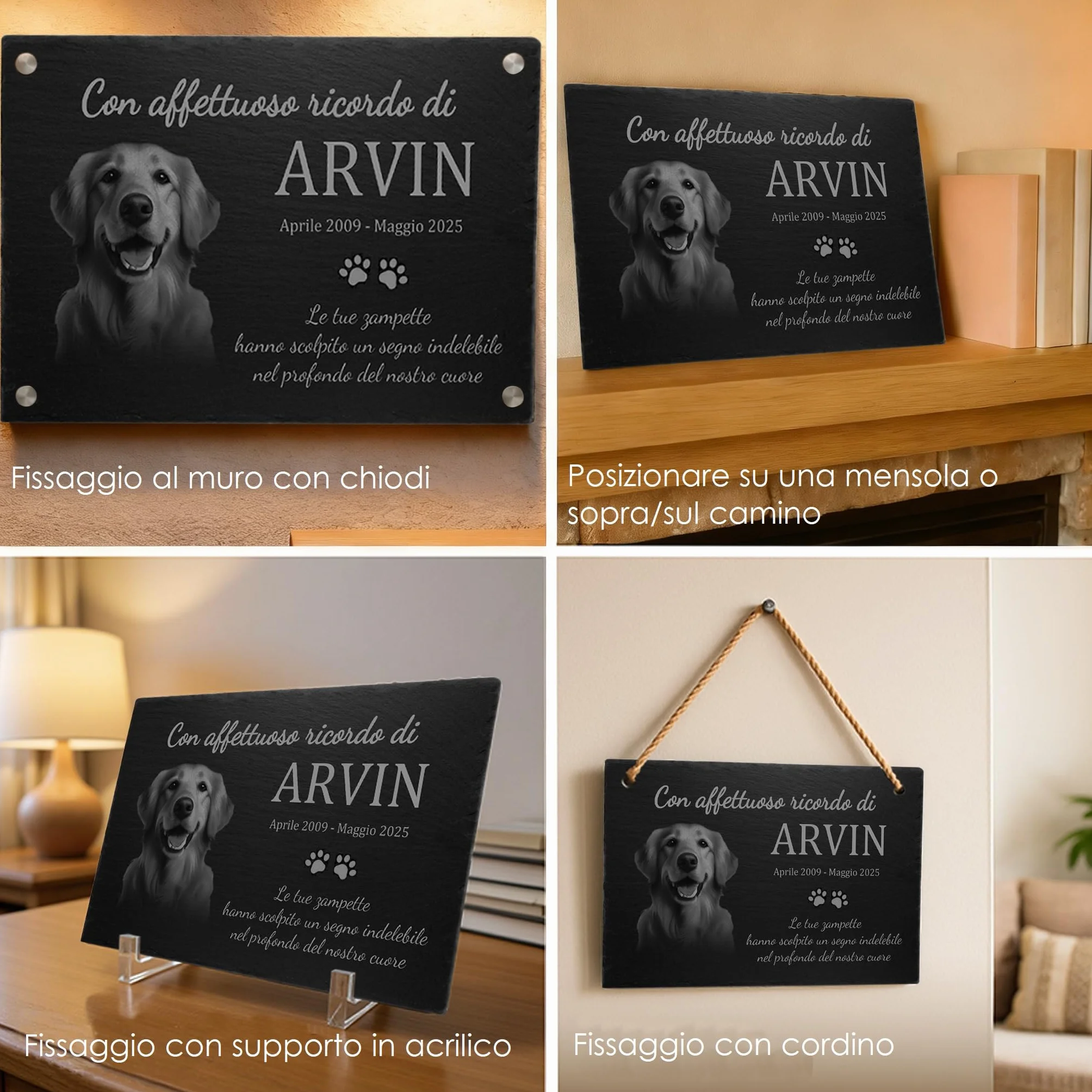 Pietra Commemorativa Cane in Ardesia – Lapide per Animali Esterno Personalizzata, Targa Memoriale per Cani Resistente alle Intemperie – Foto, Nome e Testo Personalizzabili – Giardino / 30x15–50x30 cm