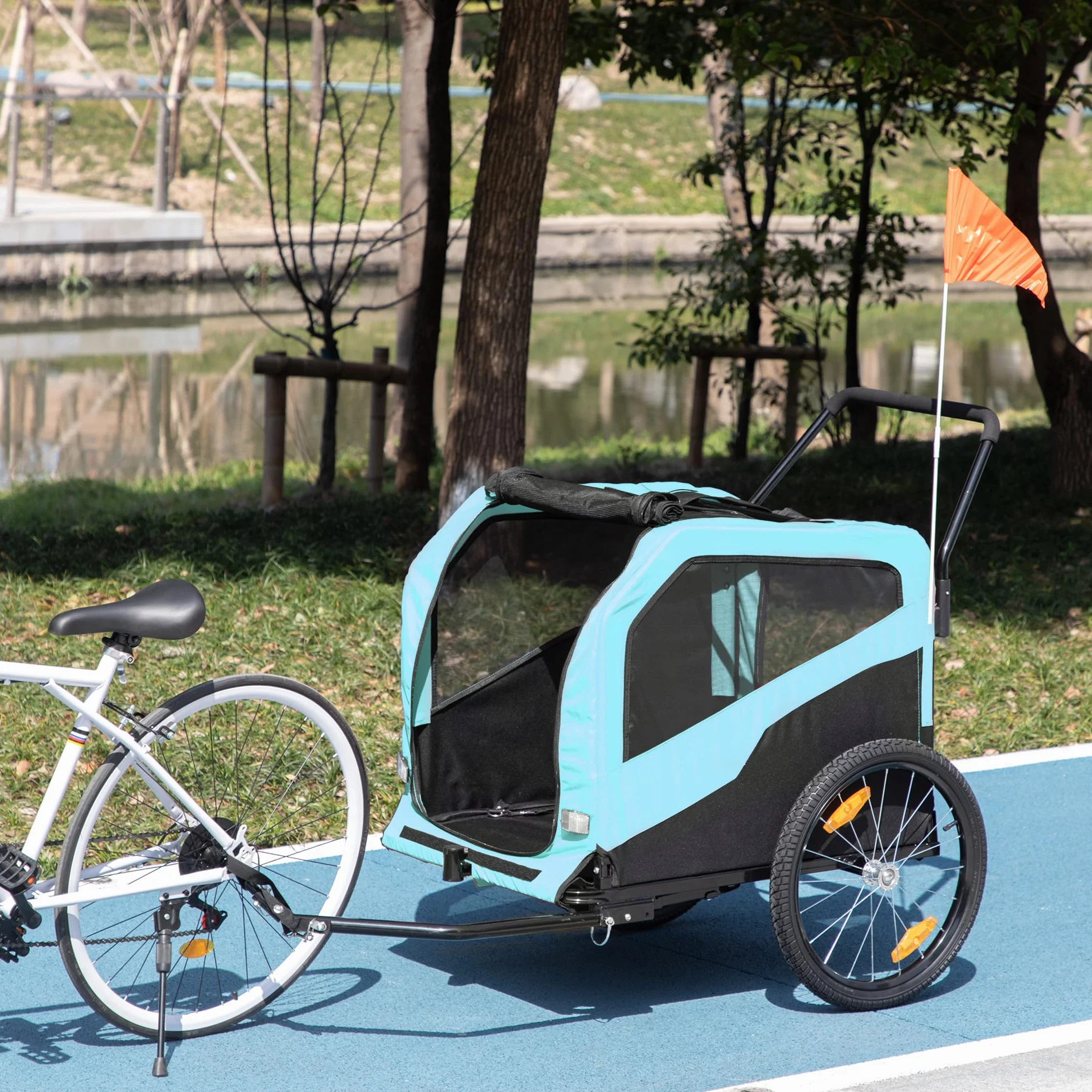 PawHut Rimorchio Bici per Cani 2 in 1 con 2 Ingressi e Tasche Portaoggetti, Passeggino per Cani 30kg max in Acciaio e Tessuto Oxford, Blu