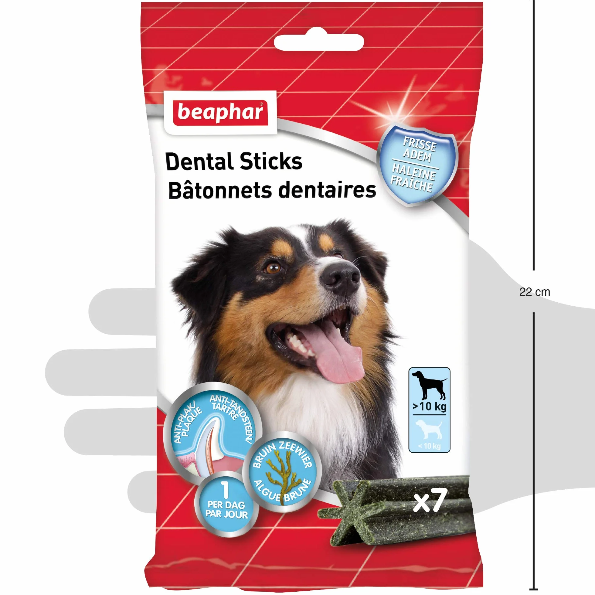 BEAPHAR - Bastoncini dentali per cani grandi (> 10 kg) - Dolcetti a basso contenuto calorico con alghe brune e tè verde - Alito fresco - Elimina placca dentale e tartaro - 7 unità