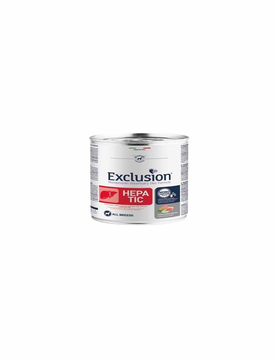 Exclusion Diet Hepatic umido adult Maiale Riso e Piselli, dieta veterinaria per cani con insufficienza epatica | 6 lattine da 200 grammi l'una.