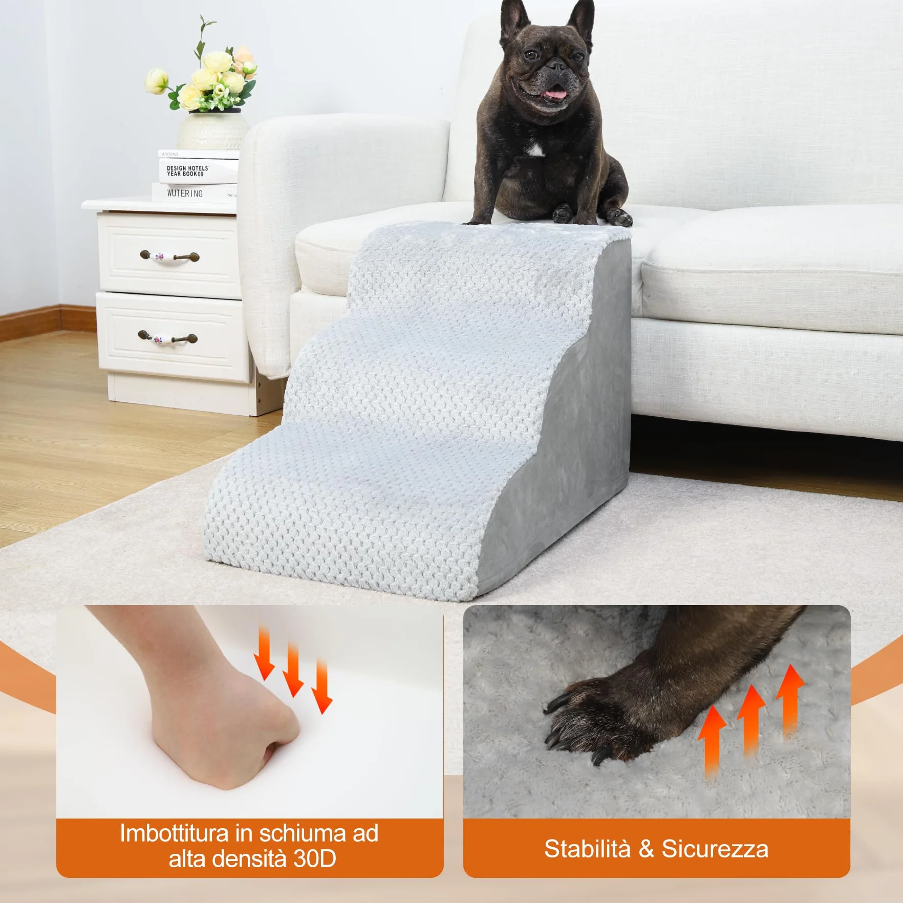 Scaletta per Cani 3 Gradini 40 cm Antiscivolo Rampa per Cani Copertura Rimovibile e Lavabile Grigio