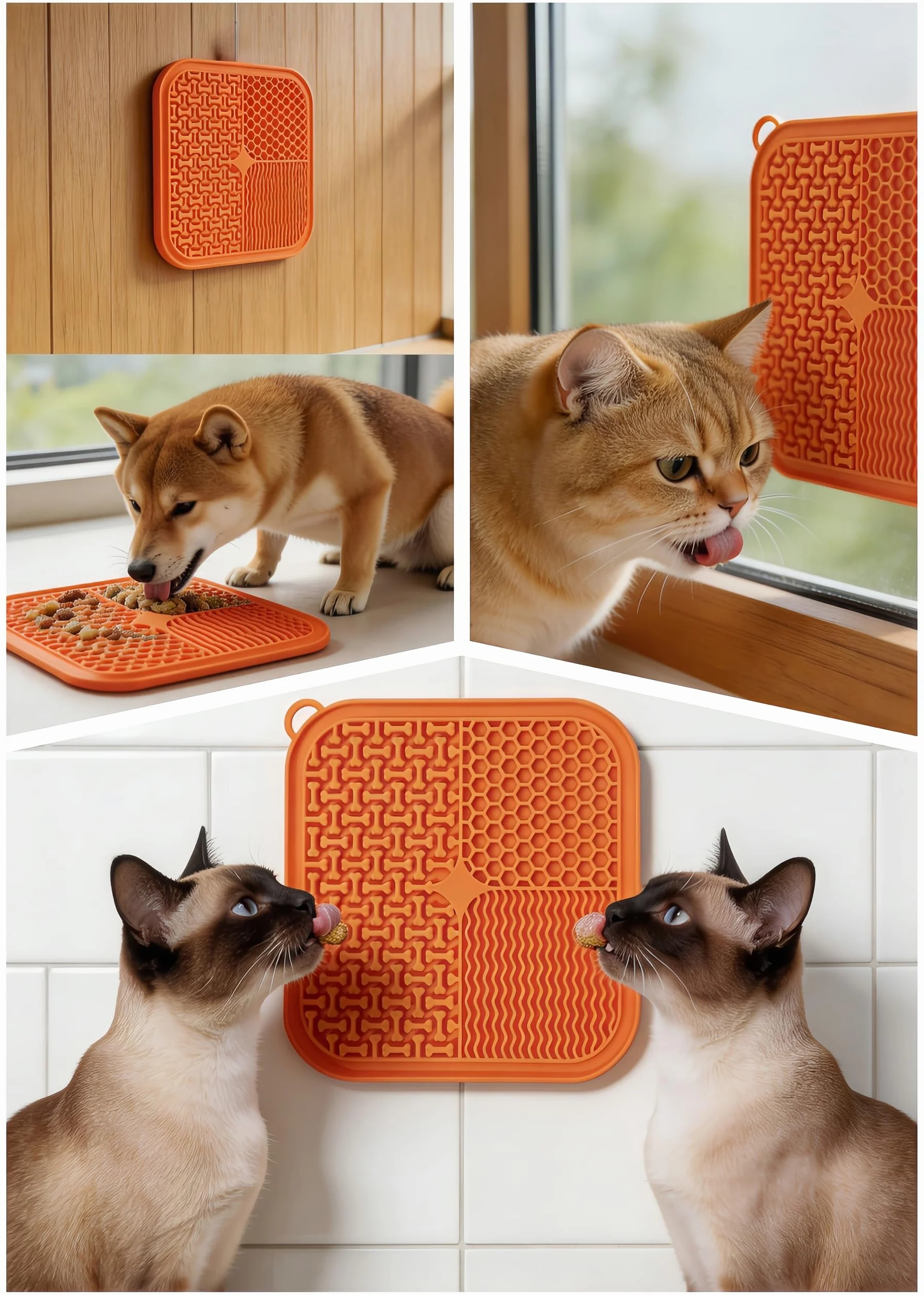 Slow Feeder Licky Mats per gatti e cani, morbido silicone, forte ventosa, partizioni multifunzionali per alleviare l'ansia (arancione)