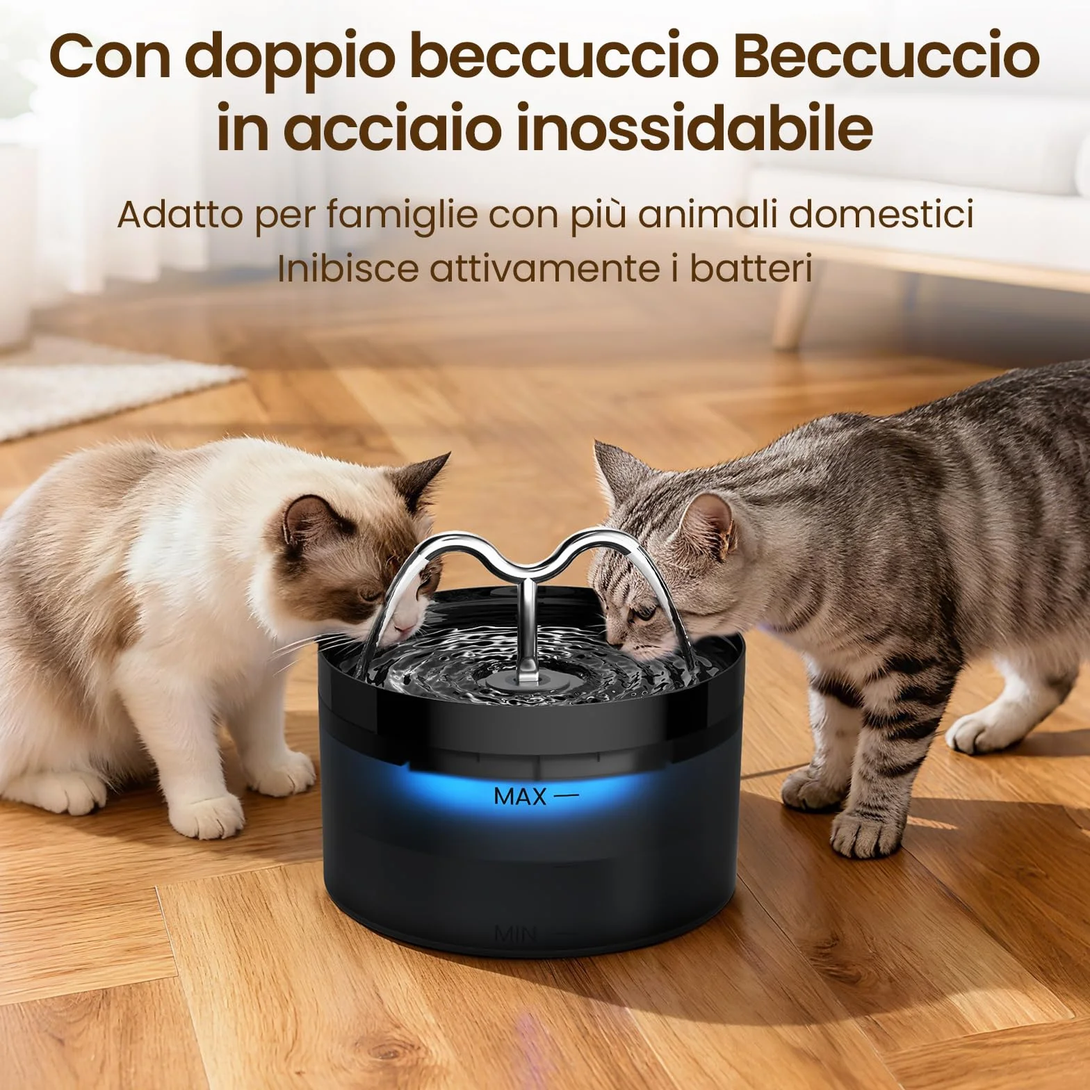 DOOOB Fontanella per Gatti, 2.1L Fontana per Gatti, Automatico Fontanella Gatto con LED e Pompa Ultra Silenziosa, Fontana per Gatto con 3 Filtris e 3 Spugnes