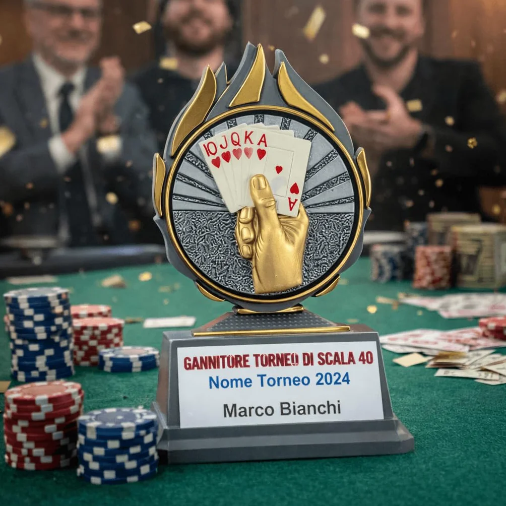 D&Vlab Trofeo Carte 14 cm Argento Personalizzato con Targhetta – Coppa per Tornei Poker Burraco Bridge