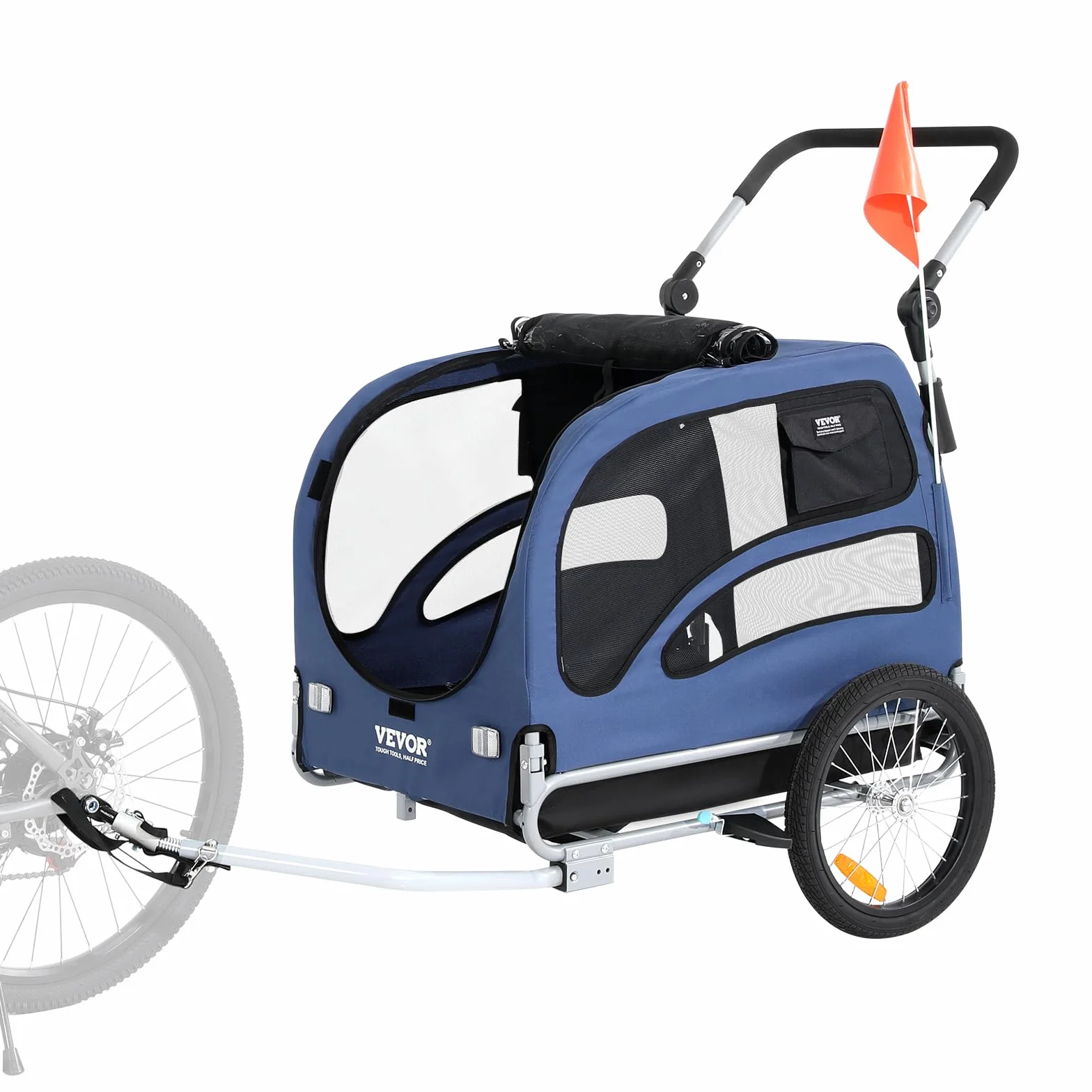 VEVOR Rimorchio Bici per Cani Pieghevole Portata max. 45kg Passeggino per Animali Domestici con Ruote a Sgancio Rapido, Attacco Universale, Carrello per Bici Traino Rimorchio per Animali Nero/Blu