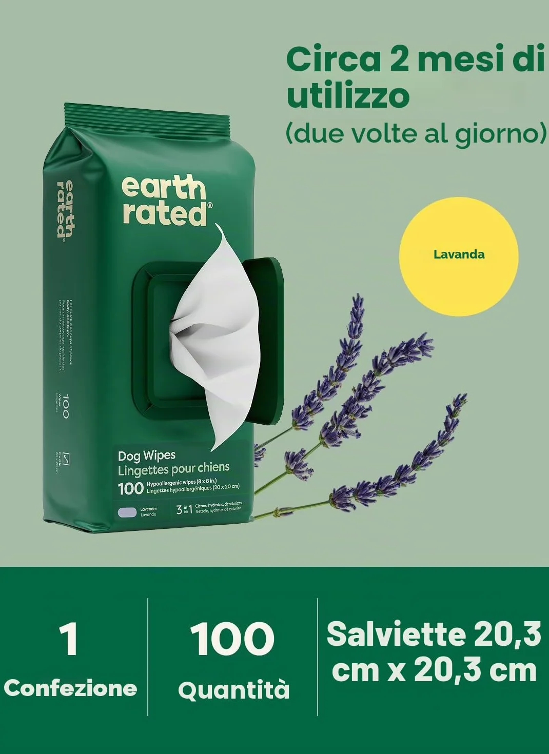 Earth Rated Salviette ipoallergeniche per Cani, puliscono ed eliminano Gli odori da Zampe, Corpo e Sedere, profumati alla Lavanda, 100 Pezzi
