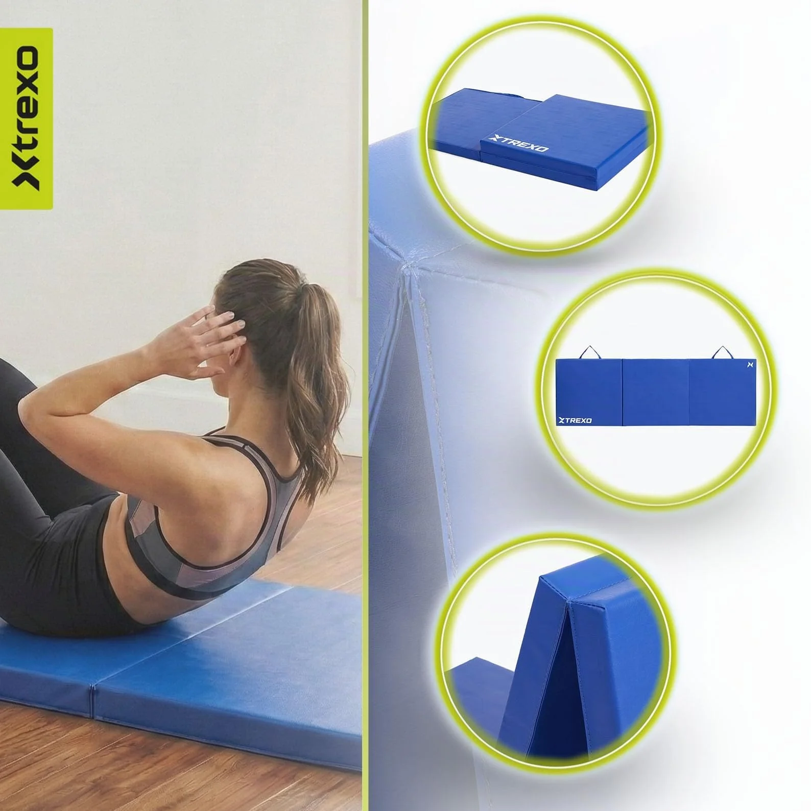 XTREXO Materasso da ginnastica pieghevole, 180 x 60 x 5 cm, 3 pezzi, rivestimento in pelle ecologica resistente all'abrasione, schiuma di polietilene flessibile, maniglia per il trasporto, facile da