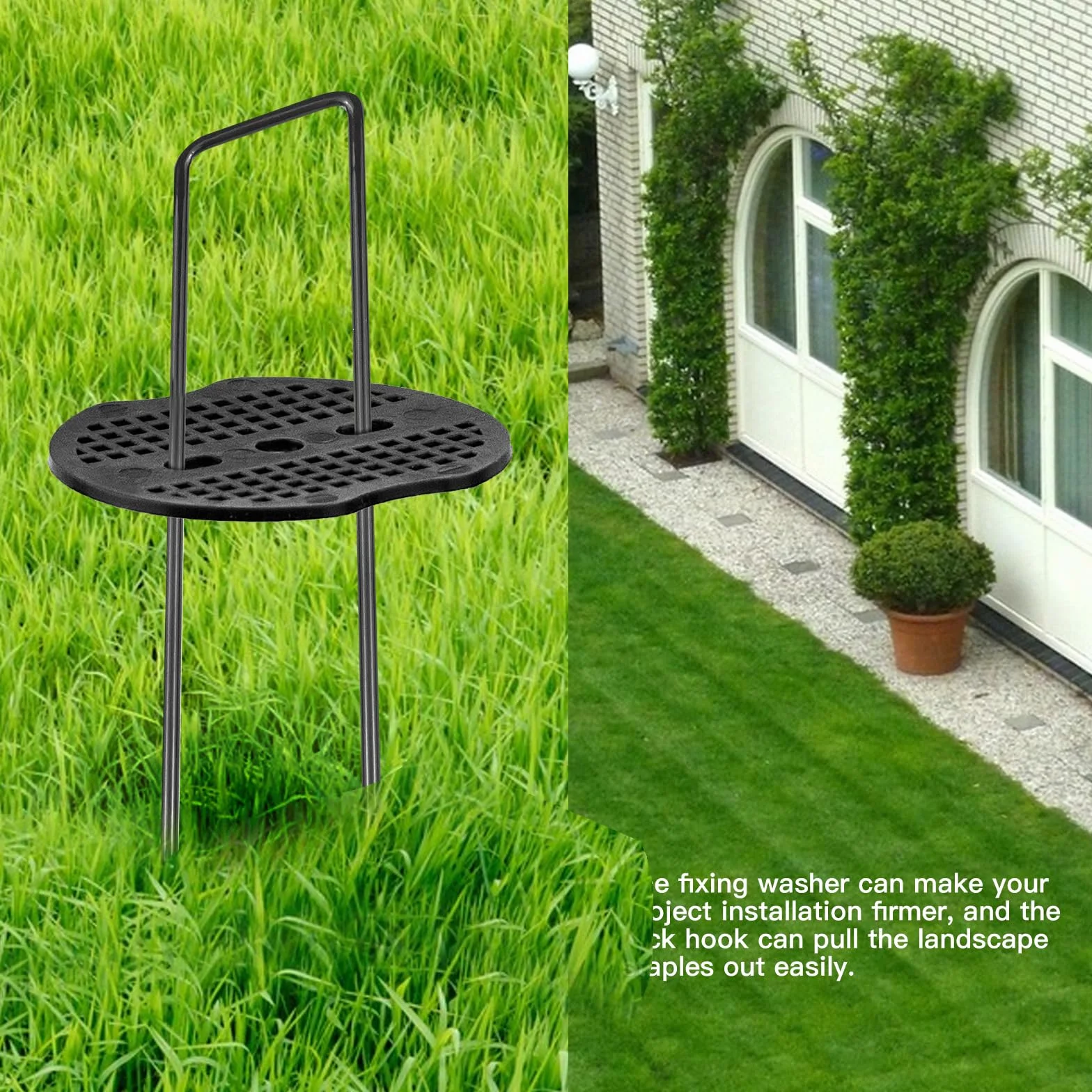 COONE Poli da giardino a forma di U + 10 picchetti da giardino in plastica da 10,9 cm + 20 rondelle tampone + 1 gancio per grimaldelli, graffette da giardino in metallo per bordi paesaggistici