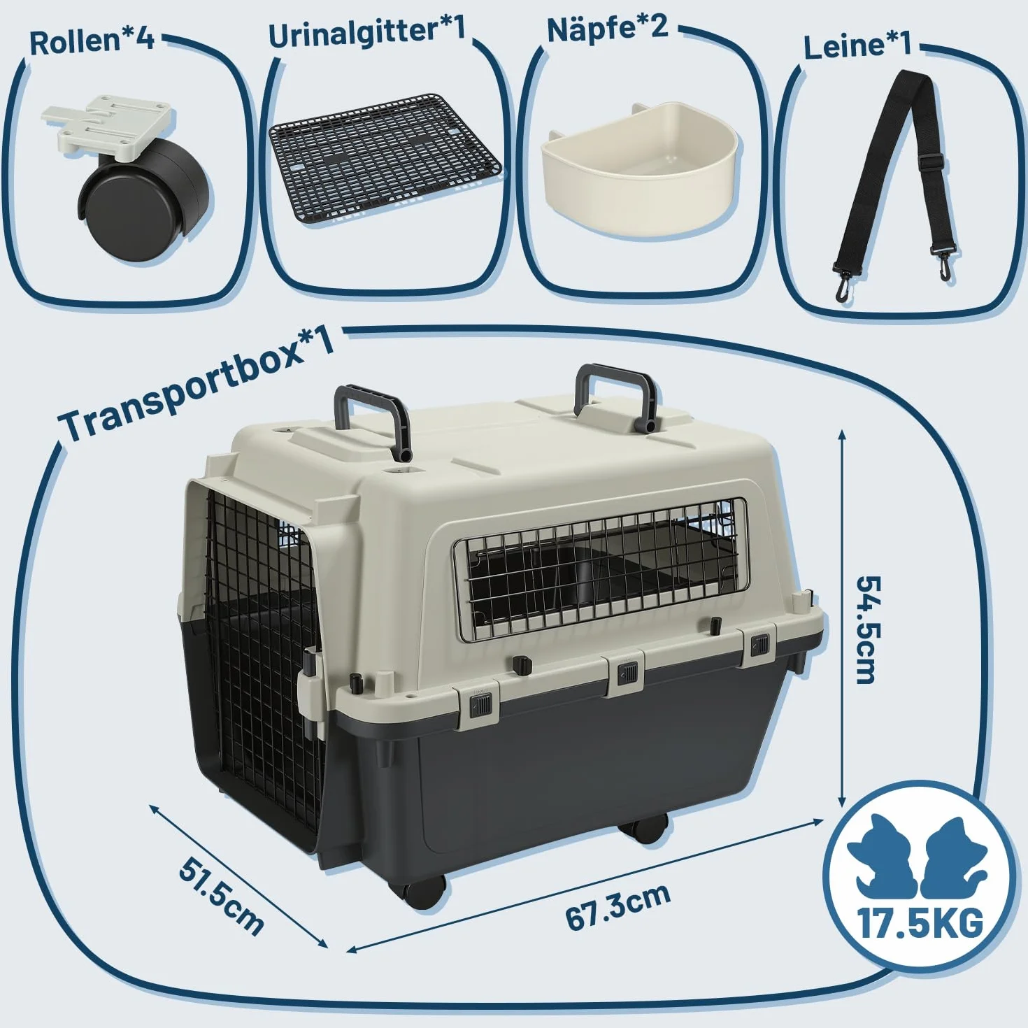 Trasportino per animali in PP con porta e finestra in metallo con maniglia e guinzaglio 67,3 * 54,9 * 51,5 cm con 4 ruote, trasportino per gatti e cani con ruota per gatti e ciotola per cibo