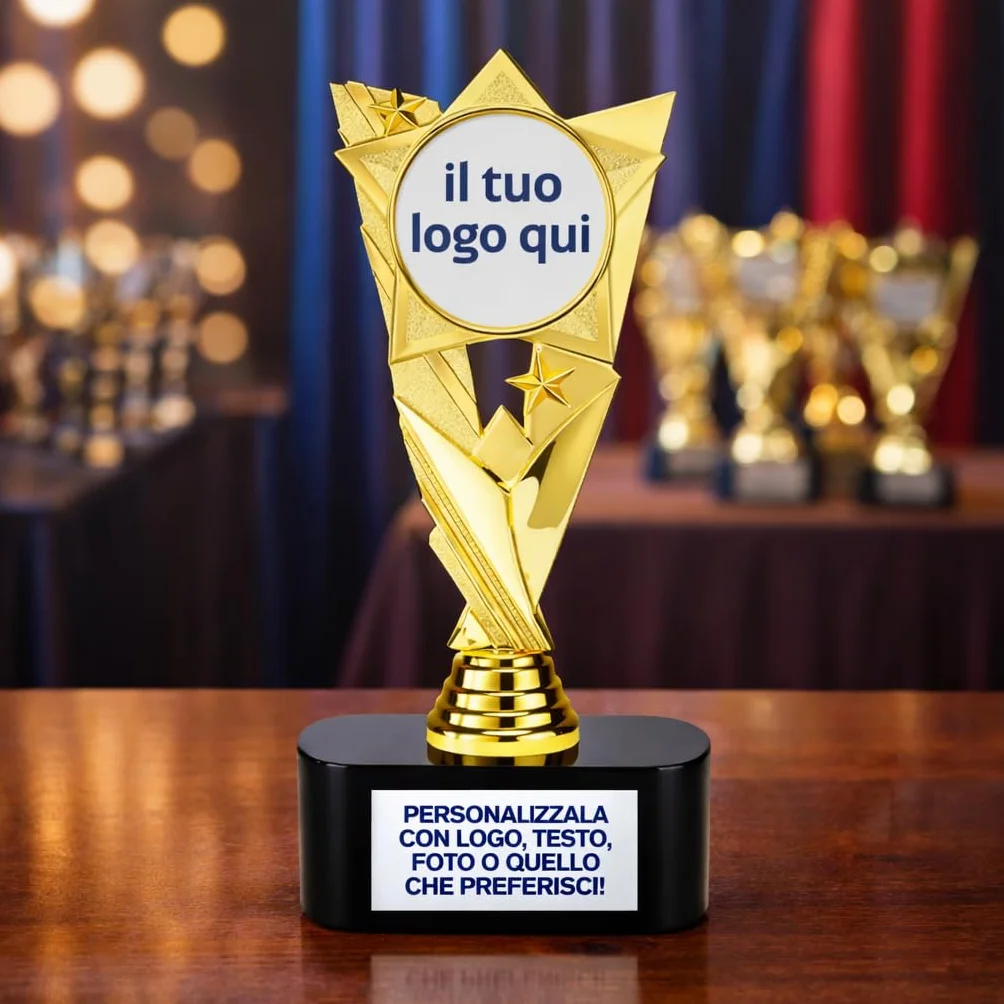 D&Vlab Trofeo Personalizzabile, Coppa in Oro 22cm, con Targhetta Personalizzata Inclusa, Premiazioni per Gare di Calcio, Basket, Volley, Eventi Sportivi, Fantacalcio, Caccia, Pesca, Bambini