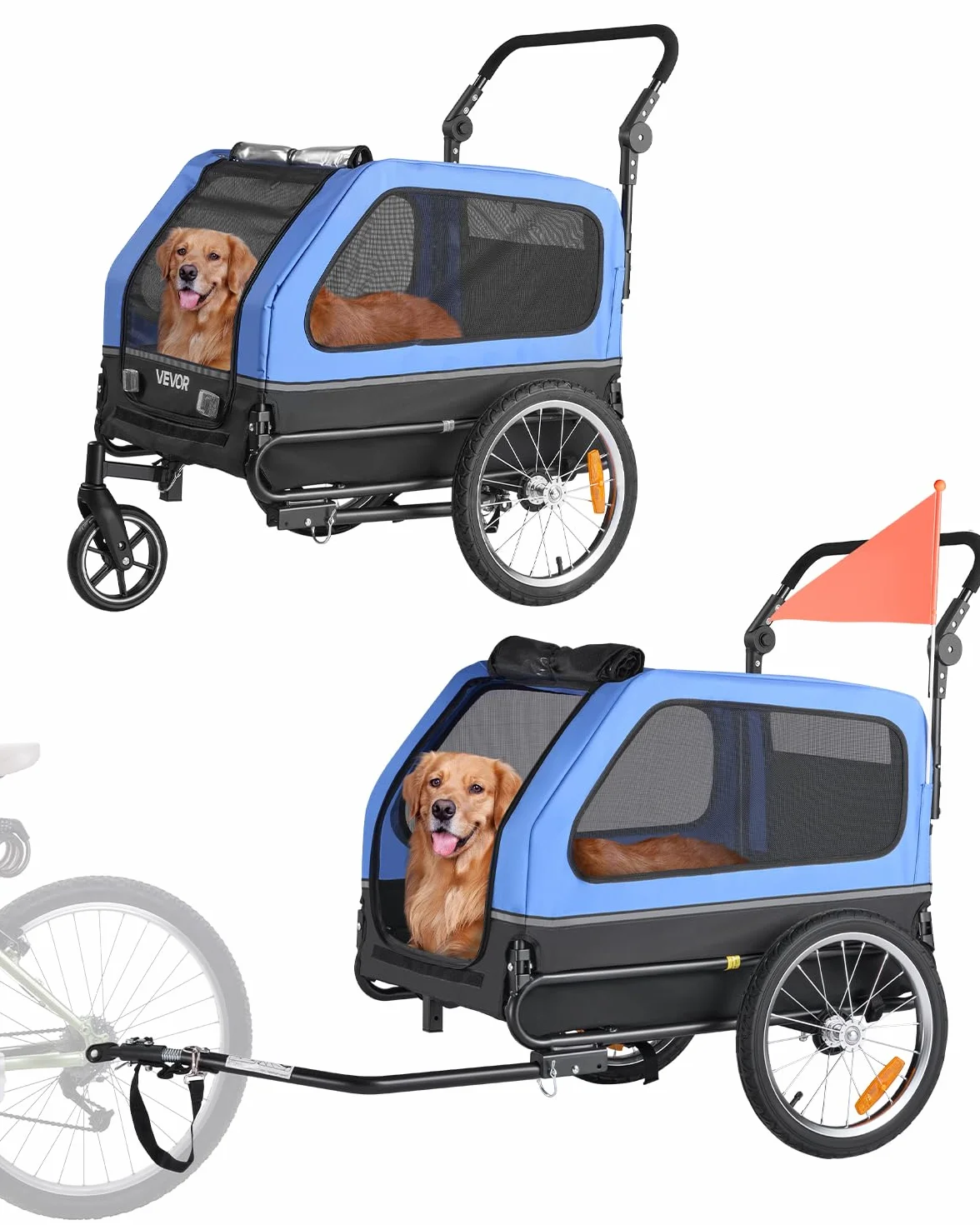 VEVOR Rimorchio per Bici per Cani, Supporta Fino a 40 kg, Carrello Portabici, Telaio Pieghevole Facile con Ruota a Sgancio Rapido, Attacco Universale per Bicicletta, Guinzaglio Interno