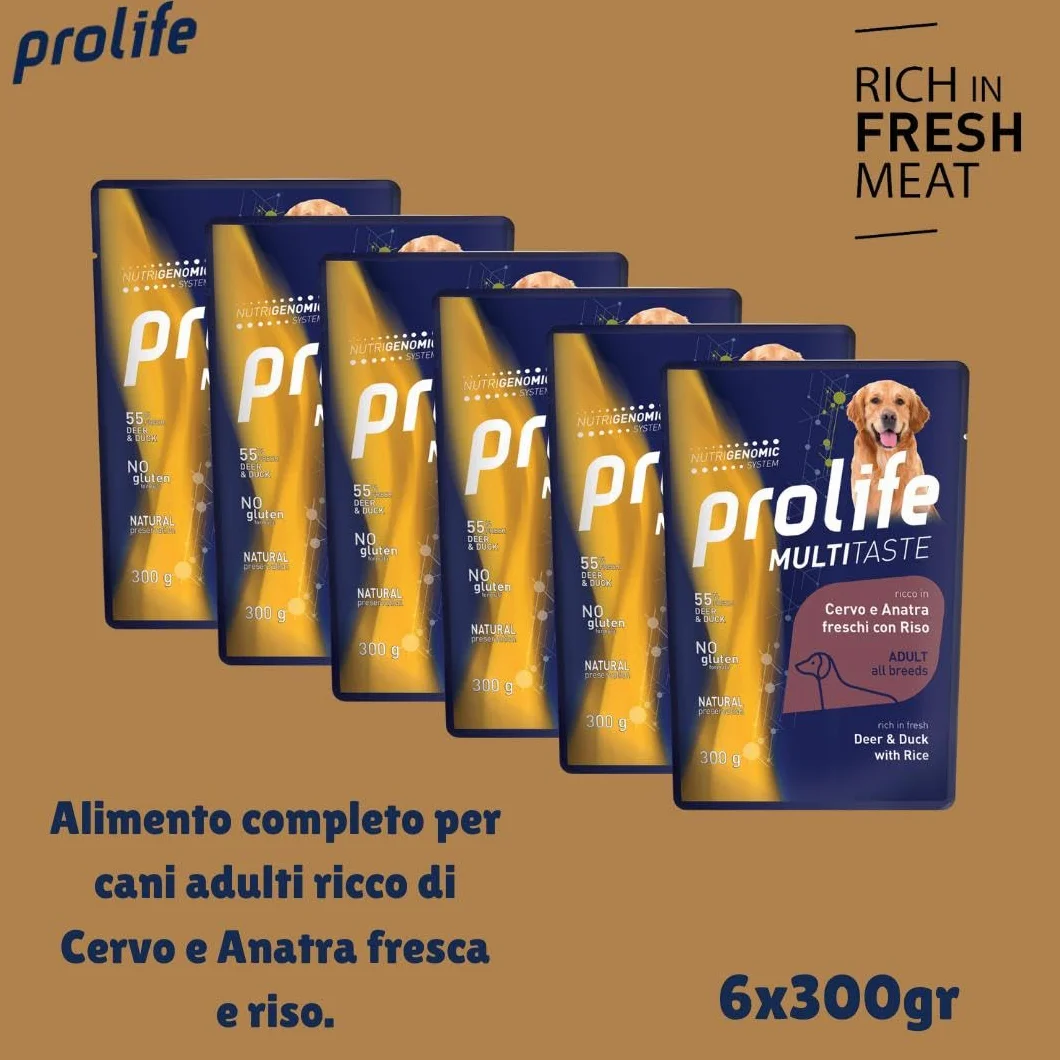 Prolife Umido Cane Multitaste 300gr, alimento completo di qualità per cani adulti di tutte le taglie, gusto CERVO, ANATRA e RISO | 6 bustine da 300 grammi l’una.