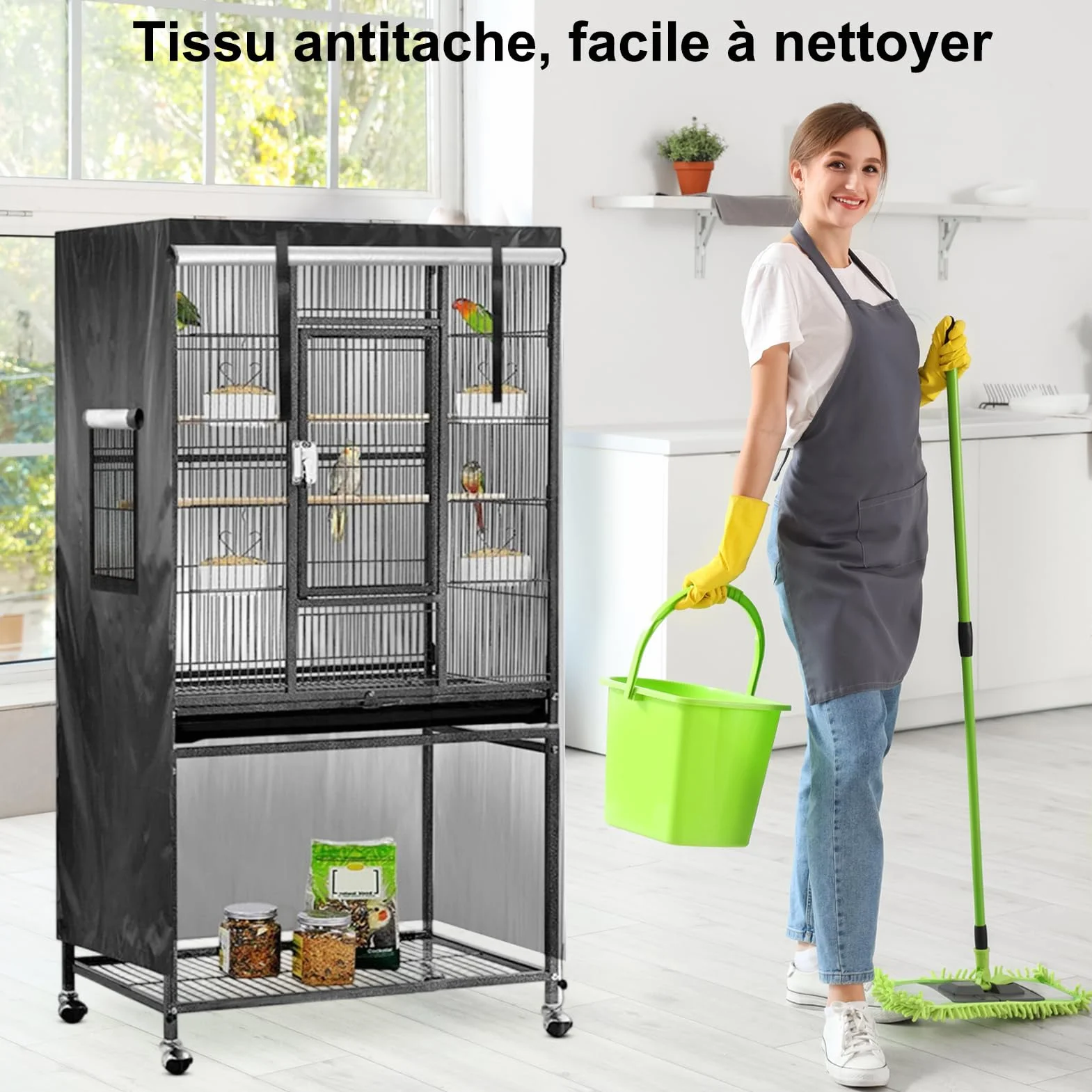 Grande copertura impermeabile traspirante per gabbia per uccelli, 96 x 60 x 130 cm, regolabile, morbida, traspirante, lavabile, protezione dall'usura (nero)