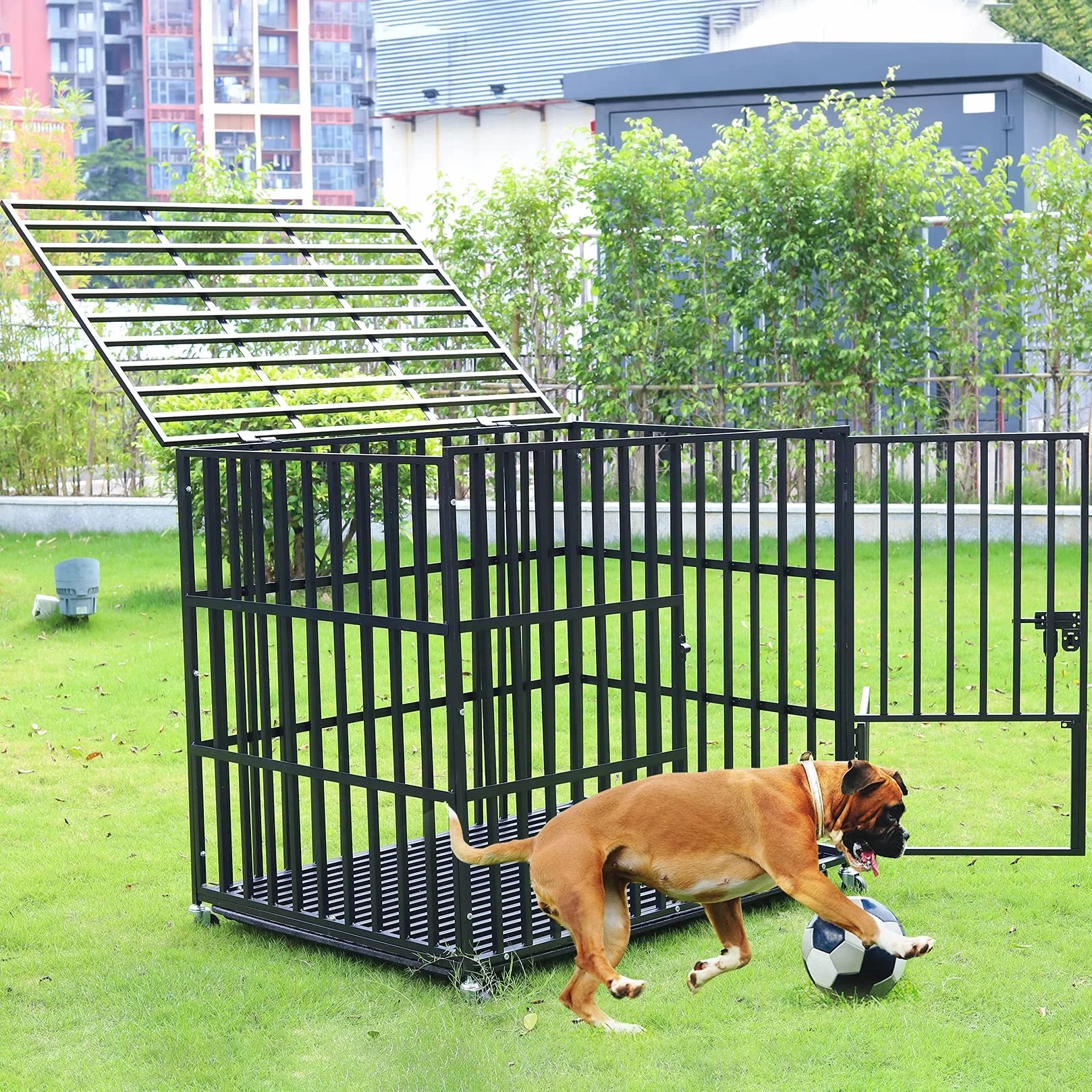BingoPaw Gabbia Robusta per cani Antimorso XXL Gabbia Rinforzata per cani Grossa Taglia Grande Kennel Cane con Ruote Metallo 117x84x86,5cm