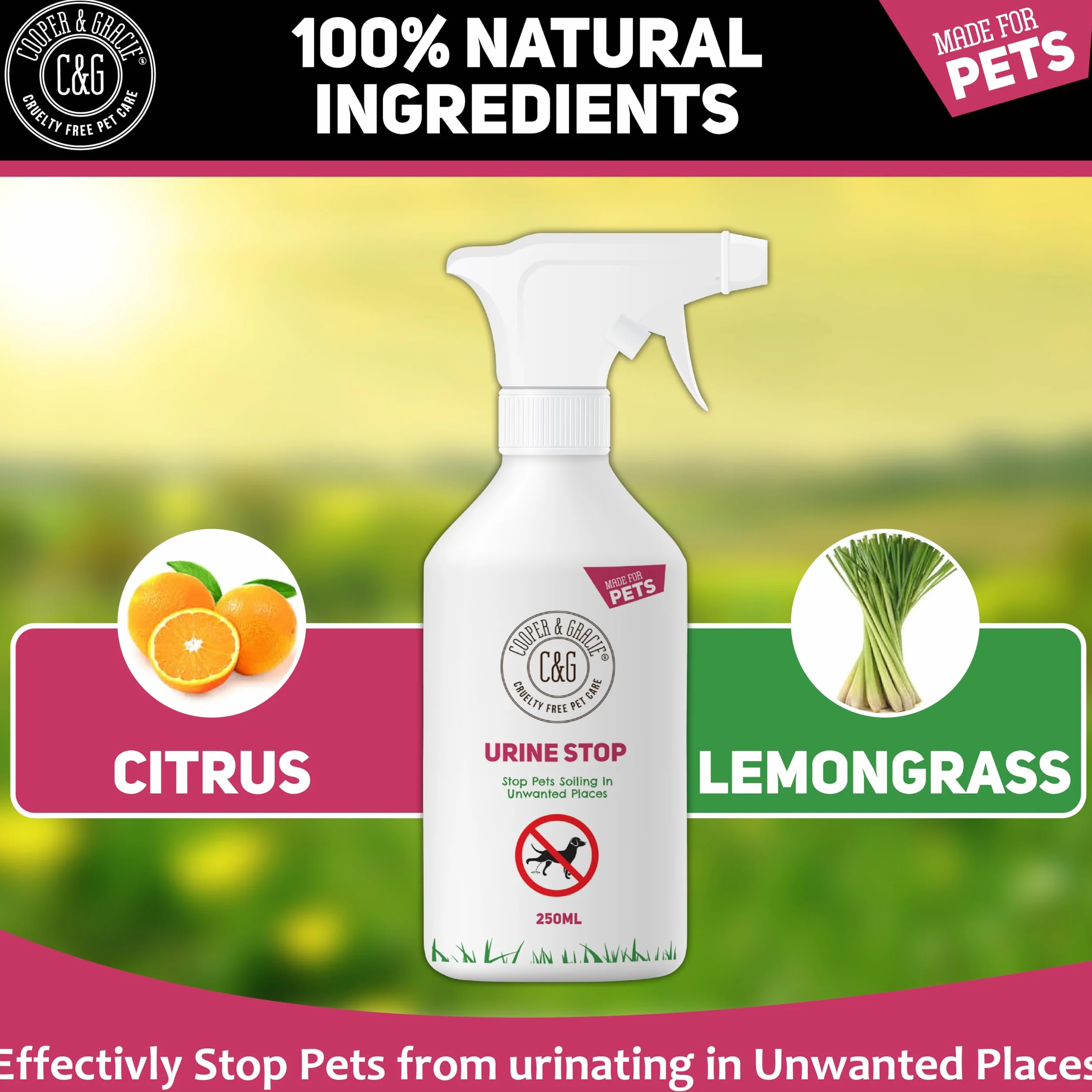 C&G Pets Urine Stop Spray per cani e gatti – Formula a tripla azione – blocca la ripetizione di segni all'interno e all'esterno – Ingredienti naturali, prodotto nel Regno Unito – sicuro per famiglie e