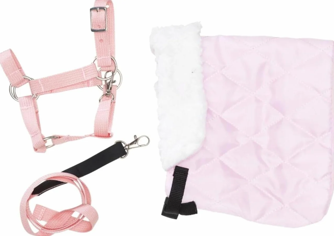 Panduro Hobby Horse - Set di cavezza in lana + cavezza in nylon per cavalli con fibbie in metallo + guinzaglio per accessori hobby, rosa