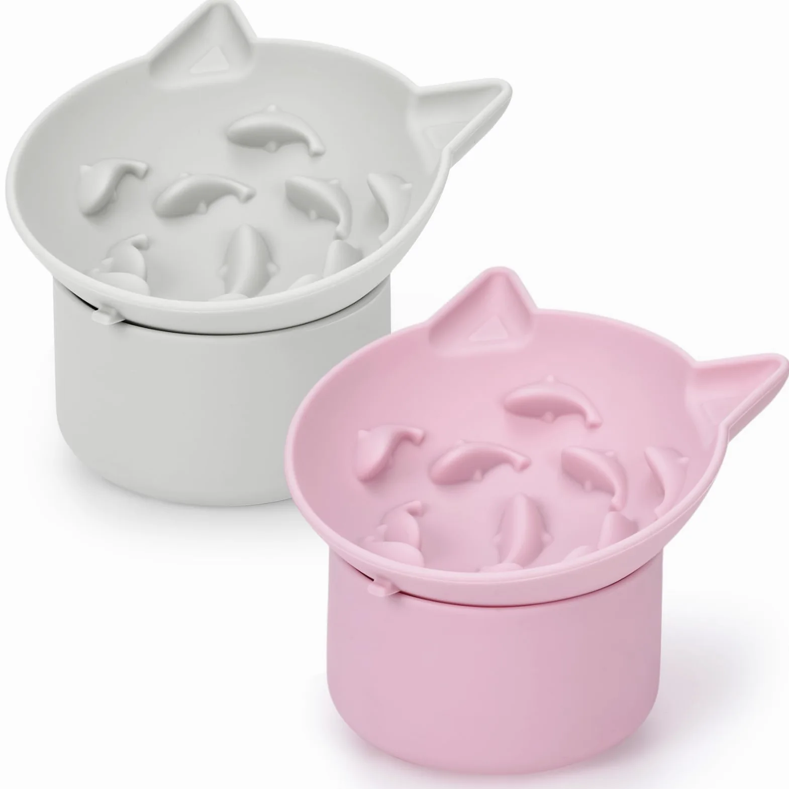 Funnymoom Confezione da 2 ciotole per gatti in silicone, per cibo secco e umido, design inclinato con base antiscivolo, angolo regolabile per animali domestici (grigio e rosa)