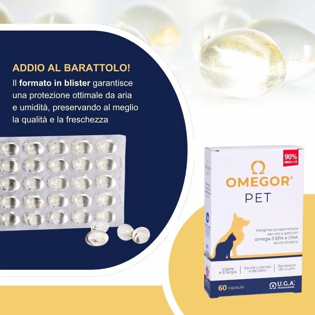 OMEGOR Pet Omega 3 per Cani e Gatti con EPA e DHA da Olio di Pesce Purificato - 60 Capsule di Omega3 IFOS Certificato per la Salute del Pelo e delle Articolazioni del tuo Pet