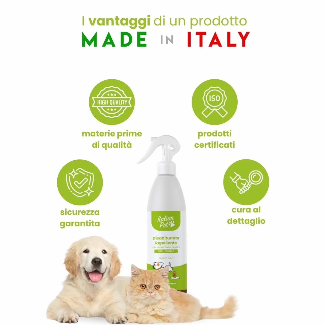 Italian Pet Eco Disabituante per Gatti, Cani, Animali Domestici - Repellente Pipì da Esterno e Interno - Dissuasore Naturale Urine Pronto Uso - Innocuo per Salute - Flacone plastica 100% riciclata