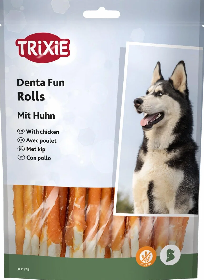 TRIXIE Denta Fun Rolls Pollo | Confezione da 3 | 3 x 240 g | Alimento complementare per cani | 30 pezzi da 12 cm | Intrattenimento da masticare e per l'igiene dentale | Ricetta senza glutine