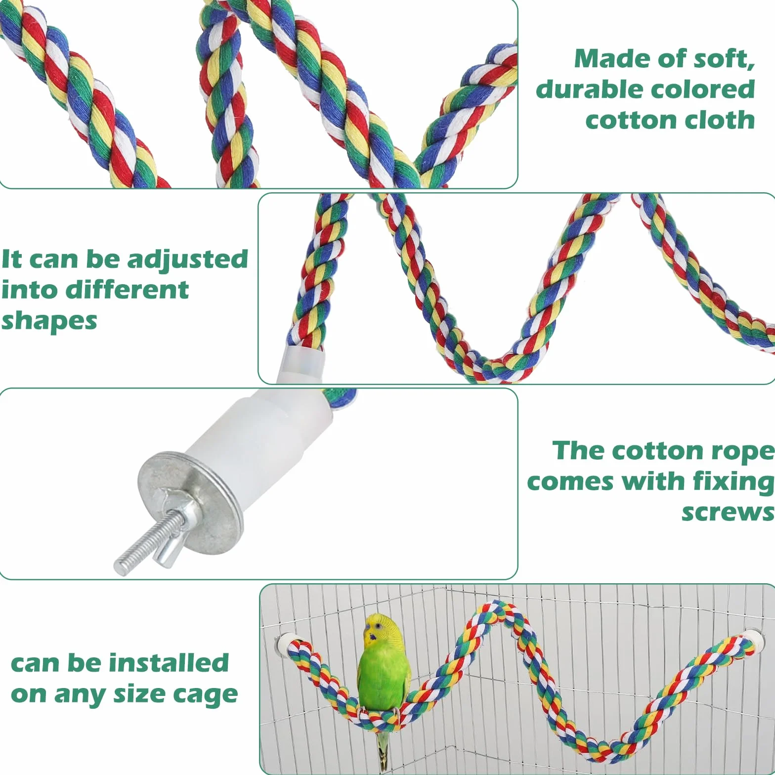 Posatoio Flessibile per Pappagalli 80 cm Barra Antiscivolo in Cotone con Anima in Metallo e Clip