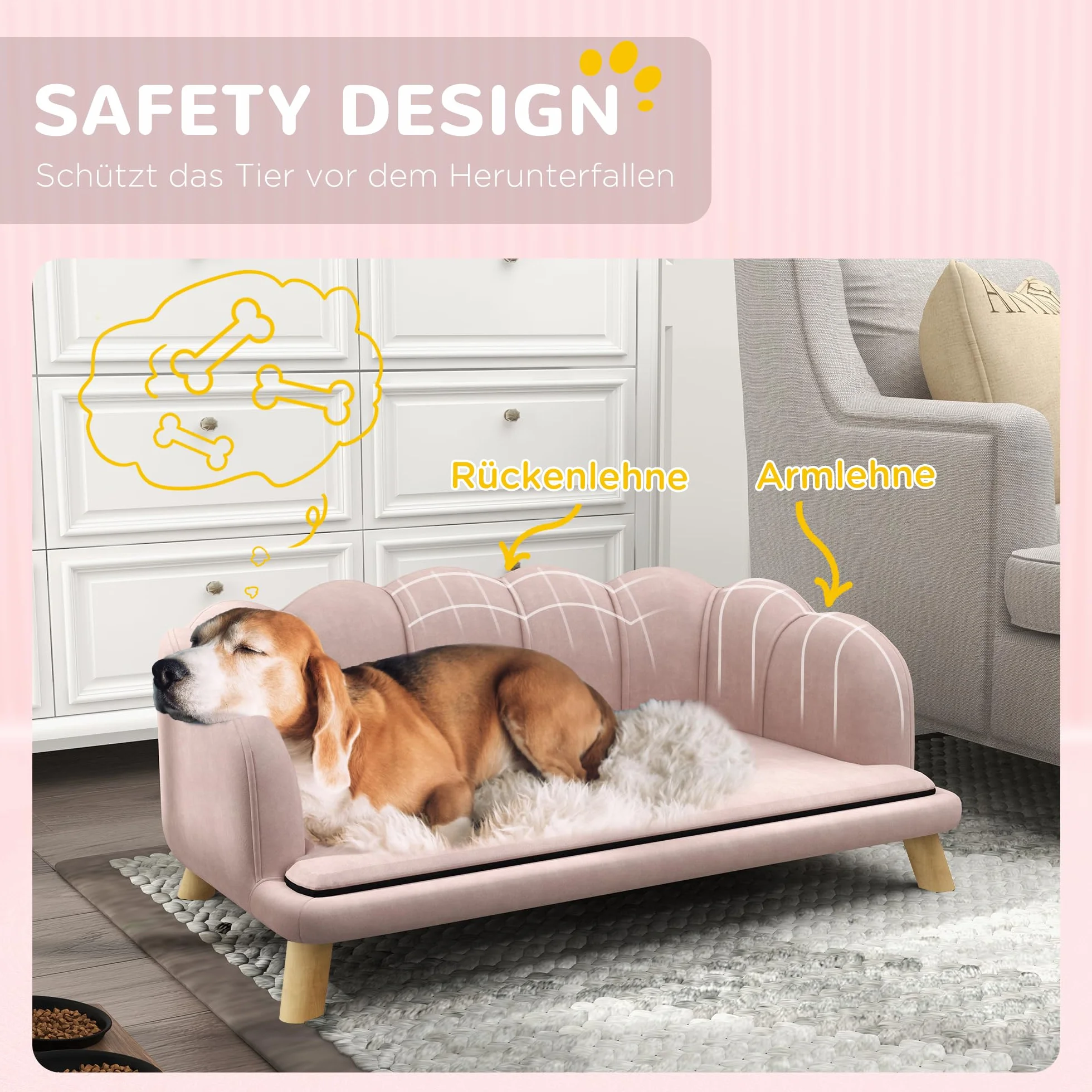 PawHut Divano per Cani, Rivestimento Lavabile, Divano per Animali Domestici con Schienale e Gambe in Legno, Divano per Gatti, per Cani di Taglia Media sotto i 25 kg, Rosa