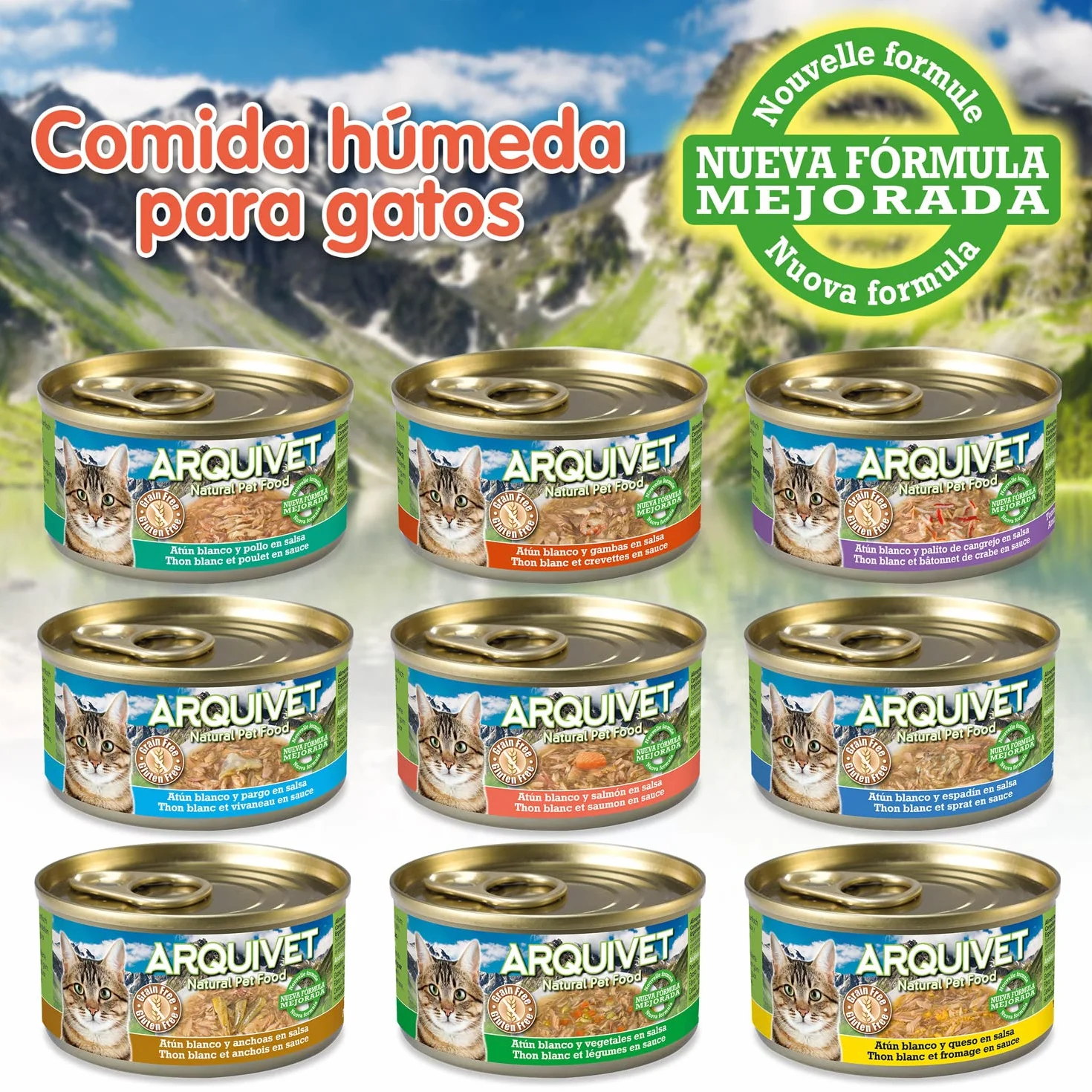 ARQUIVET - Pack 24 unità - Scatolette di tonno bianco con bastoncino di granchio in salsa - per gatti - super premium - ingredienti naturali al 100% - Cibo umido per gatti - 80 gr.