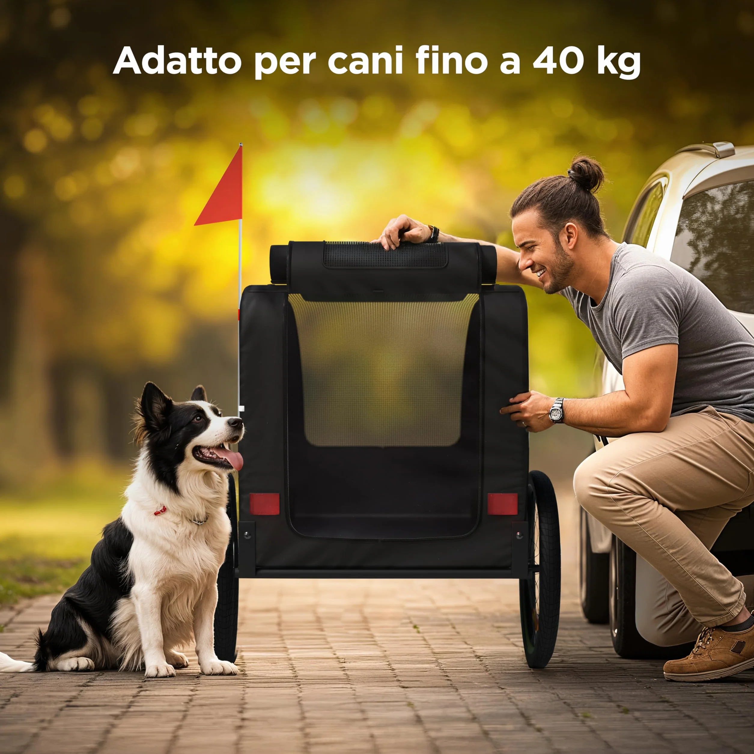 Rimorchio Bici Cani – Carrello per Cani Pieghevole fino a 40 kg – Carrello Bici per Cani con Gancio e Catarifrangenti – Carrello Cane – Rimorchio Cane – Compatibile con E-Bike