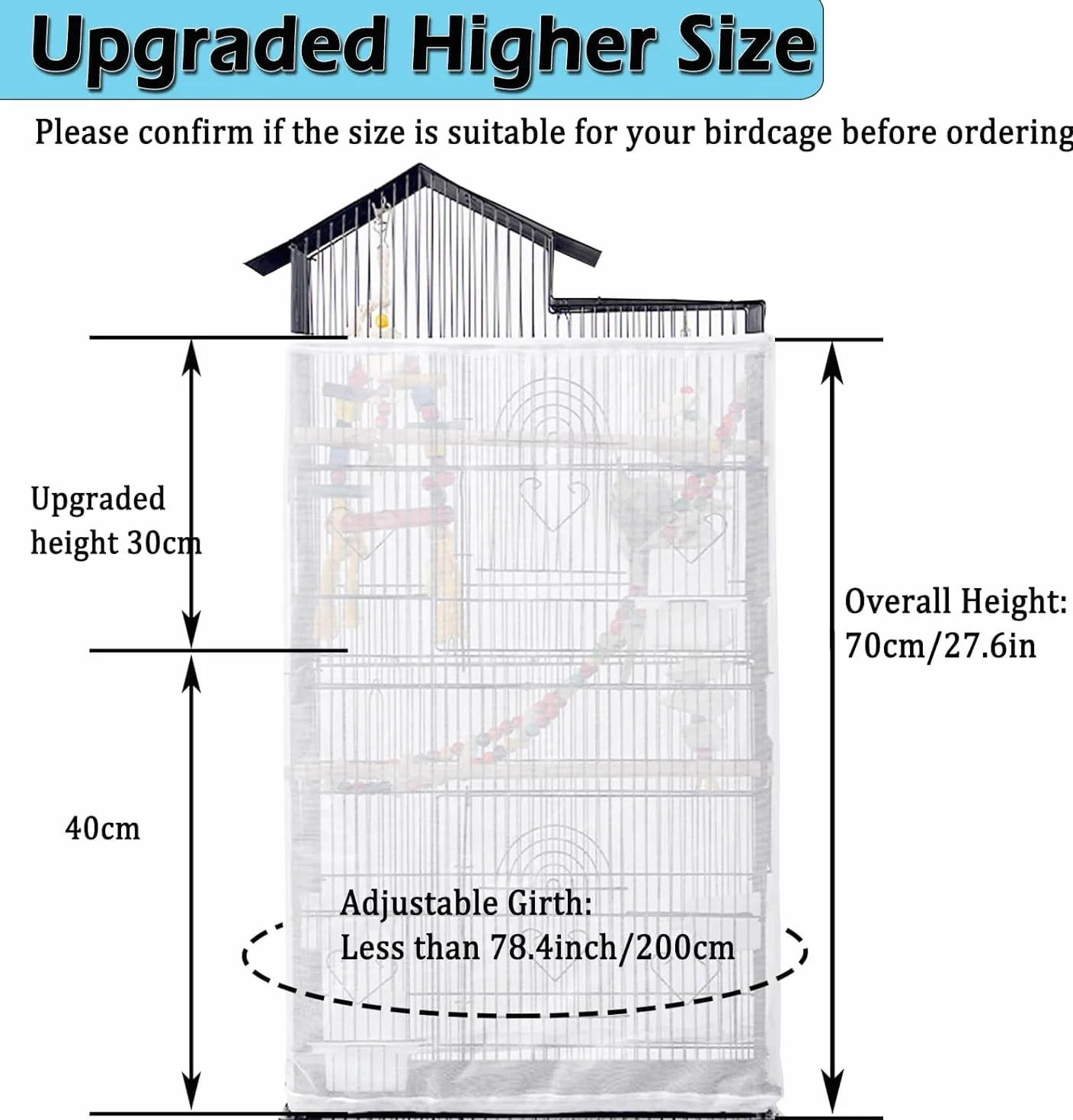 ASOCEA Grande Copertura per Gabbia Uccelli, Universale Rete per Gabbia Pappagalli Nylon Copertura Gonna per Gabbia per Uccelli per Gabbie Rotonde e Quadrate (Bianco, 78.7 * 27.6in/200 * 70cm)