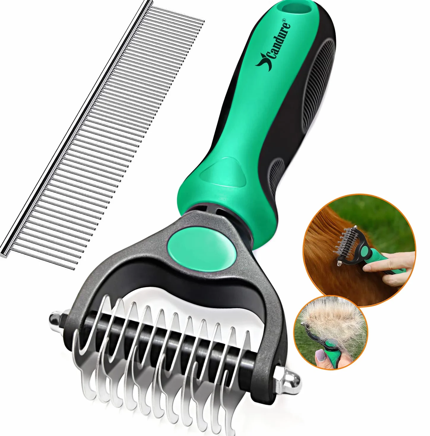 Candure Spazzola per Cani, Pettine Gatti per Pelo Acciaio Inossidabile 11+6 Doppia Faccia Strumento di Deshedding Animali per Cane Pelo Lungo, Medio e Corto (Verde)