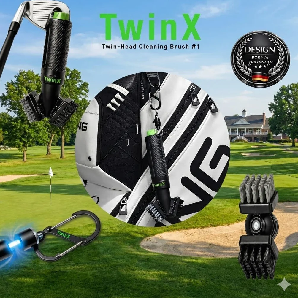 Spazzola da golf Premium con serbatoio acqua e funzione spray, doppia setole, magnete e moschettone