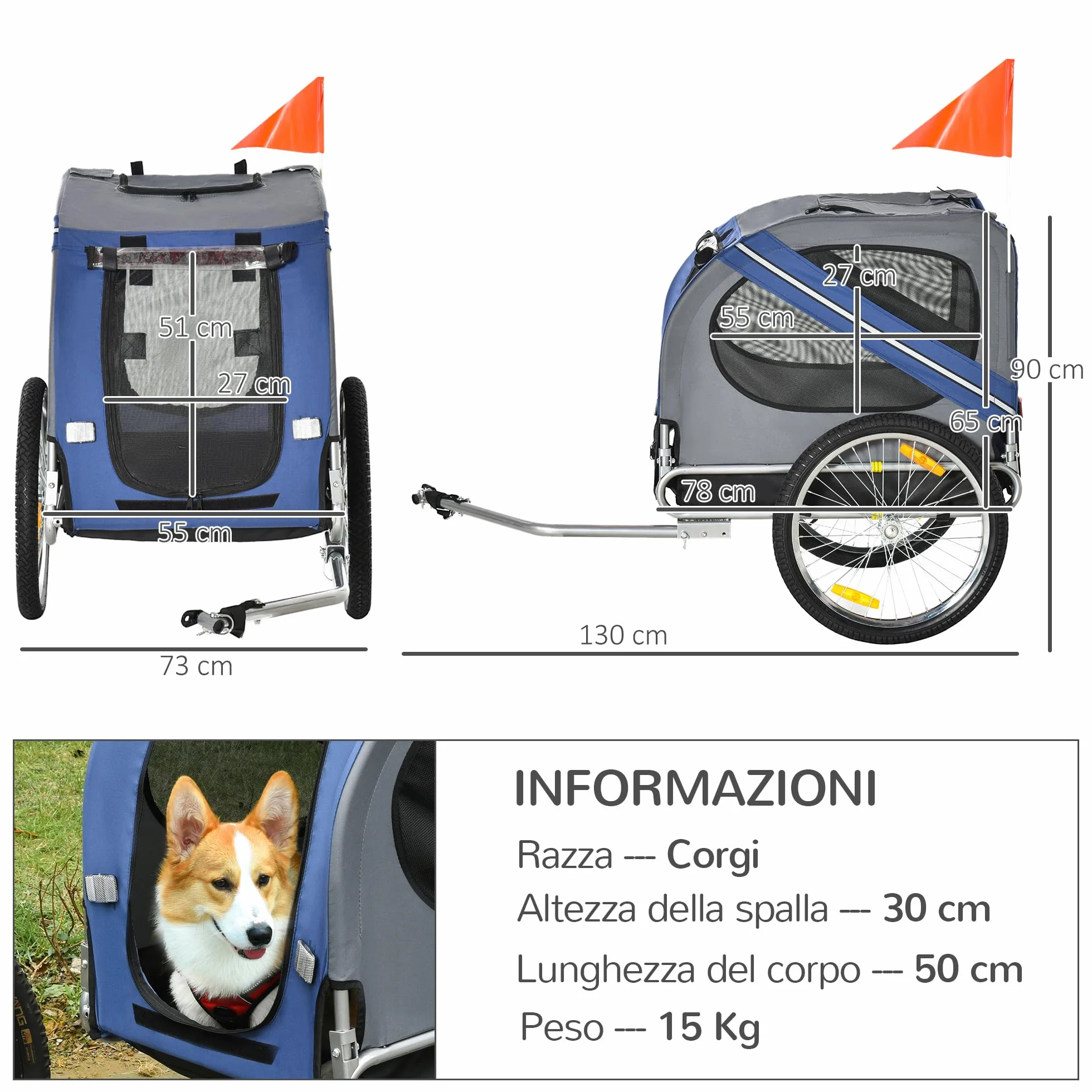 PawHut Rimorchio da Bicicletta per Cani e Gatti 2 Grandi Ruote da 50cm Buona Ventilazione Bandiera di Sicurezza Resistente alle Intemperie Acciaio e Tessuto Oxford