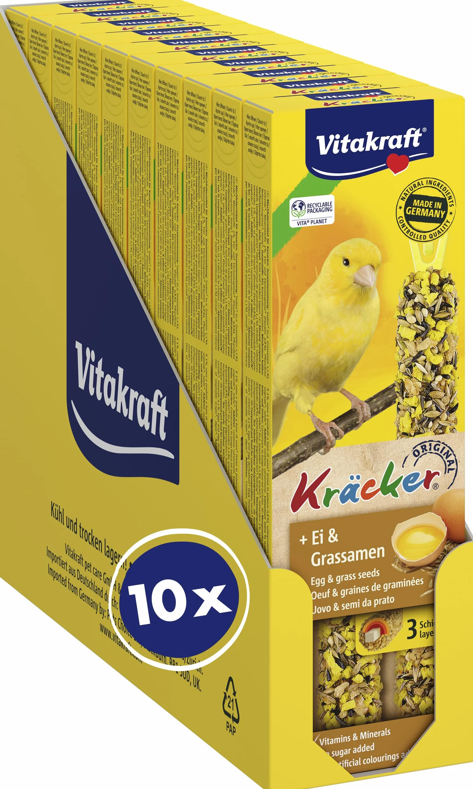 Vitakraft Kräcker, bastoncini da sgranocchiare per canarini, con uovo e semi da prato, con vitamine e minerali, per divertirsi a lungo sgranocchiando, senza zuccheri aggiunti (10x 54g)
