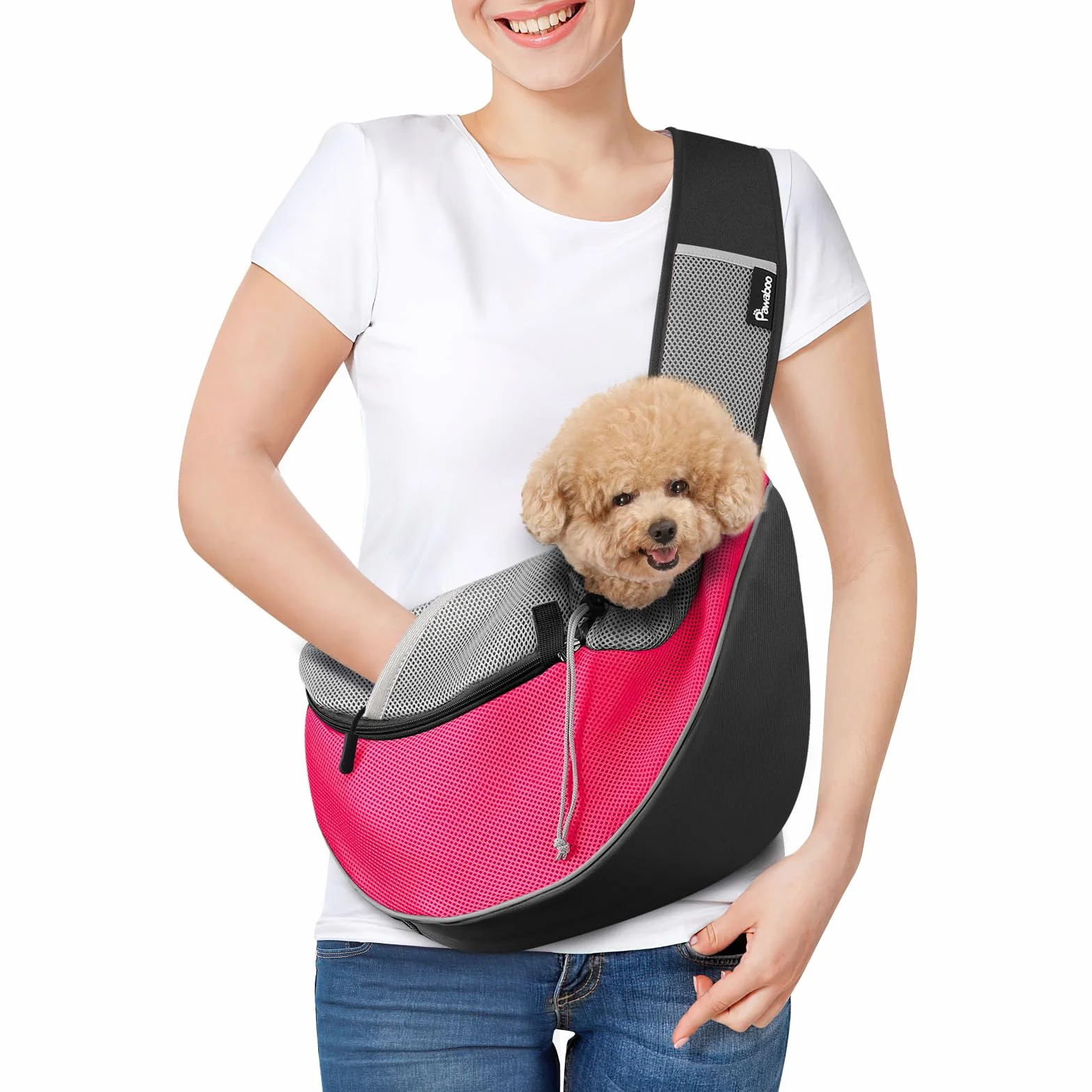Pawaboo Marsupio per Cani, Marsupio Traspirante in Rete per Cuccioli che Lascia le Mani Libere, Marsupios per Cani con Tasca con Chiusura a Zip e Tracolla Regolabile, Borsa a Tracolla, M, Rosa