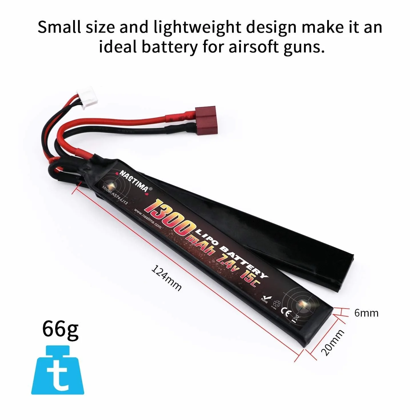 NASTIMA 7.4V 1300mAh 2S 15C Airsoft Lipo Batteria A Farfalla Connettore Deans-T Per Pistole Airsoft