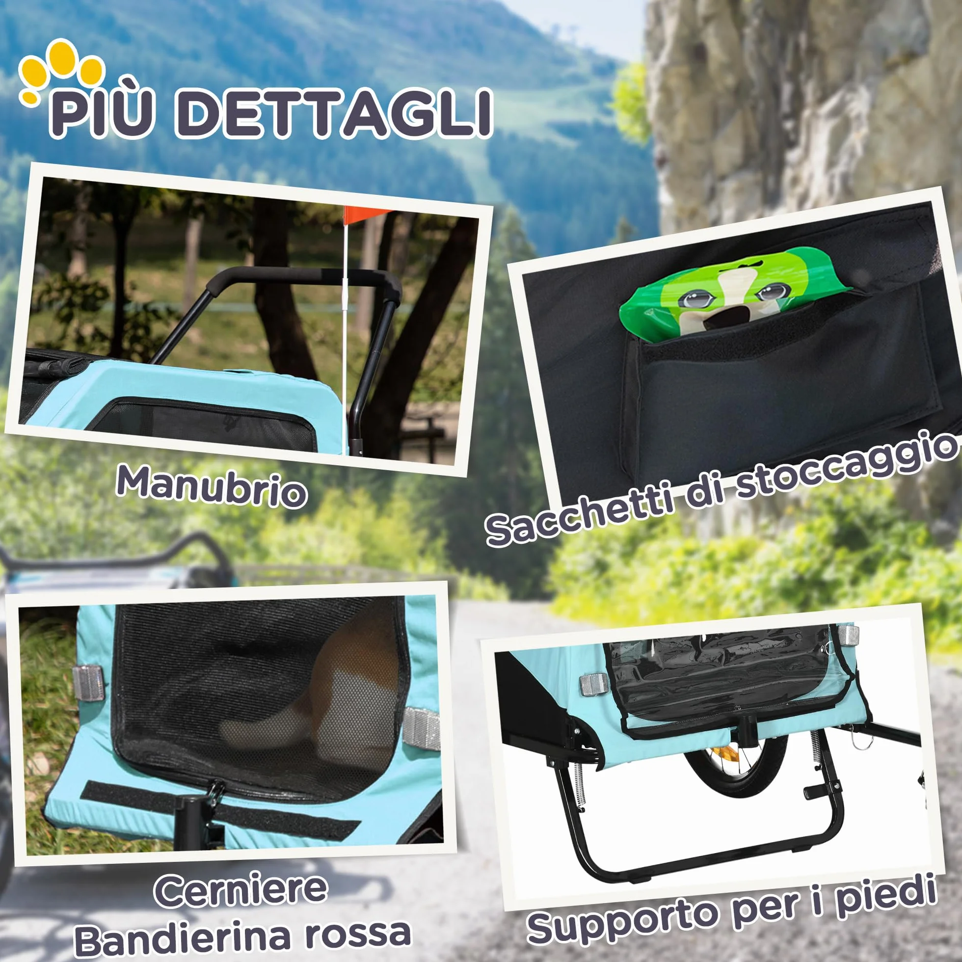 PawHut Rimorchio Bici per Cani 2 in 1 con 2 Ingressi e Tasche Portaoggetti, Passeggino per Cani 30kg max in Acciaio e Tessuto Oxford, Blu