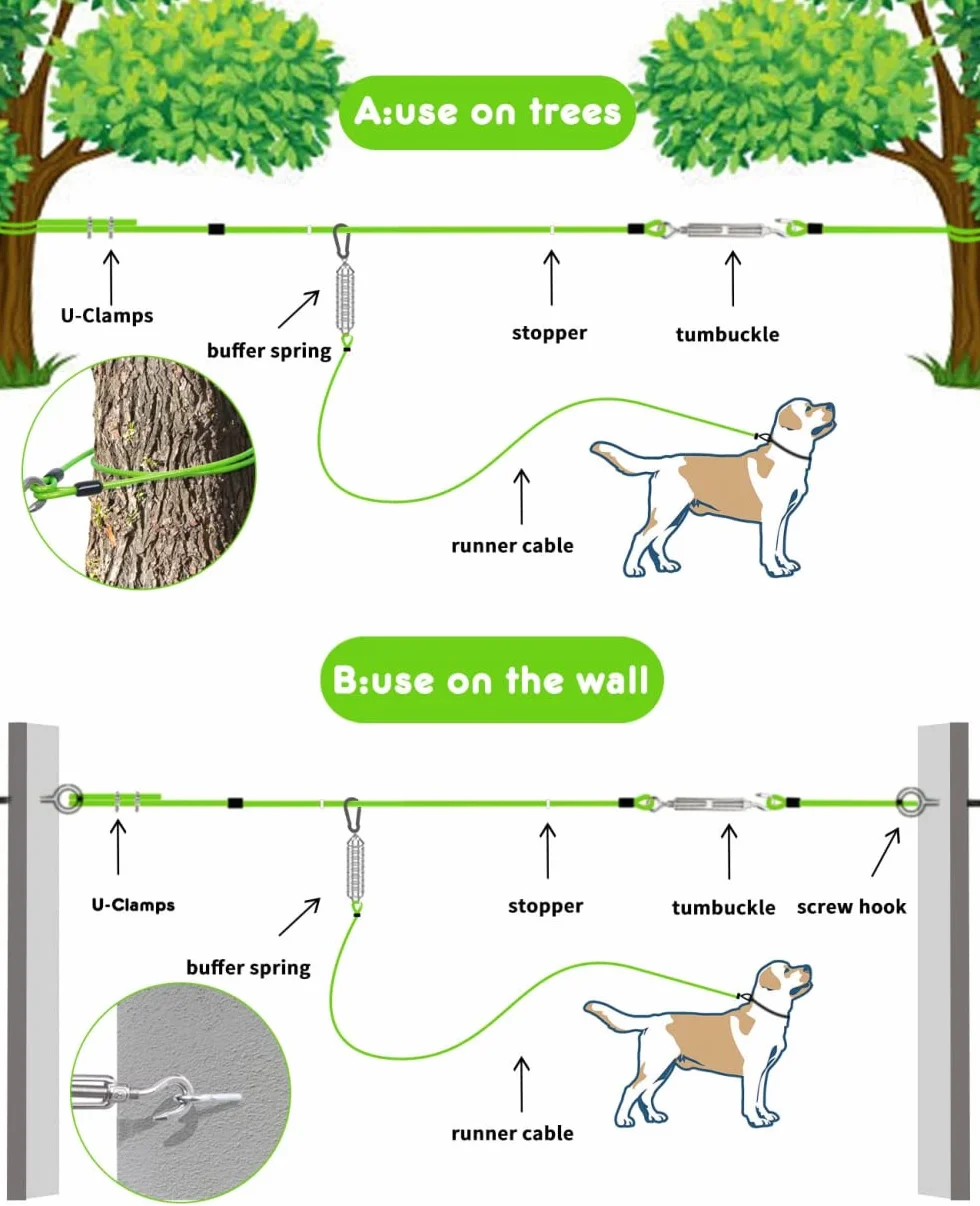 Cavo per cani resistente per cani con sistema di trasporto per cani in acciaio inox da 60 piedi con tappeto per cani per il giardino e il campeggio, cavo grande per cani fino a 250 libbre