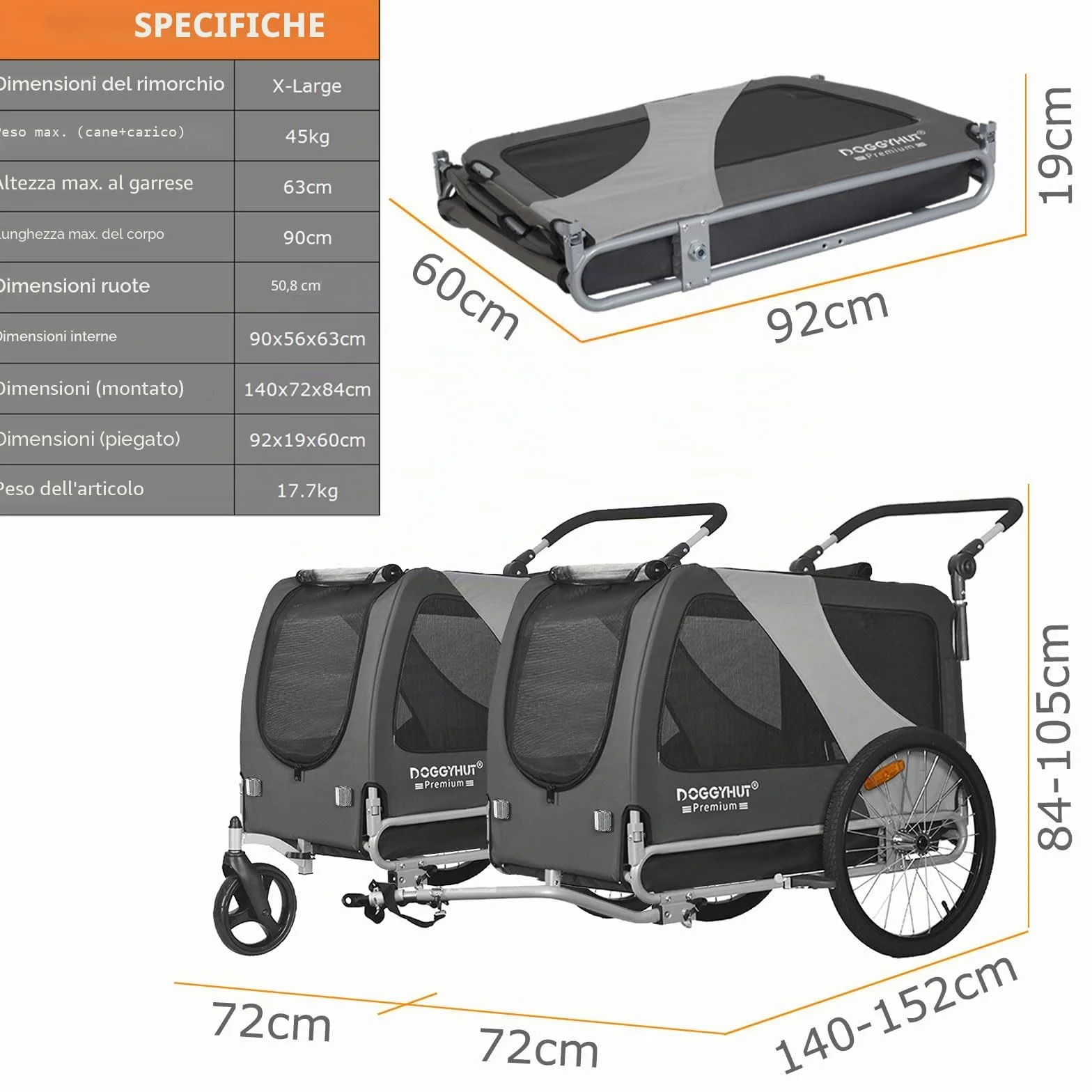 DOGGYHUT® - Rimorchio per bicicletta 2 in 1 per cani e jogging, 23 – 45 kg, per cani, per bicicletta, 80106 (grigio)