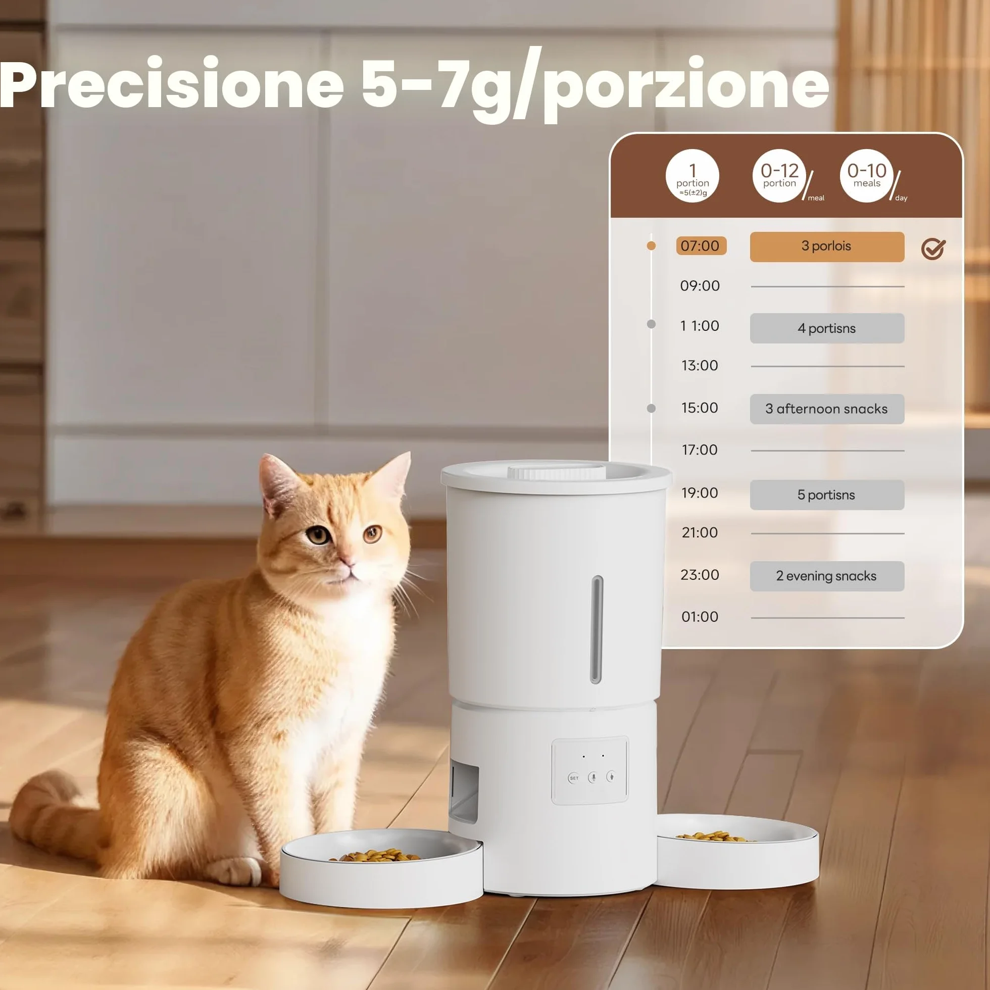 Distributore Automatico Cibo Gatti 2 Ciotole: 5L Distributore Automatico Cibo Cane con Timer WiFi 2.4G per Crocchette - Design Doppia Ciotola per Famiglie con Più Gatti & Cani - Bianco