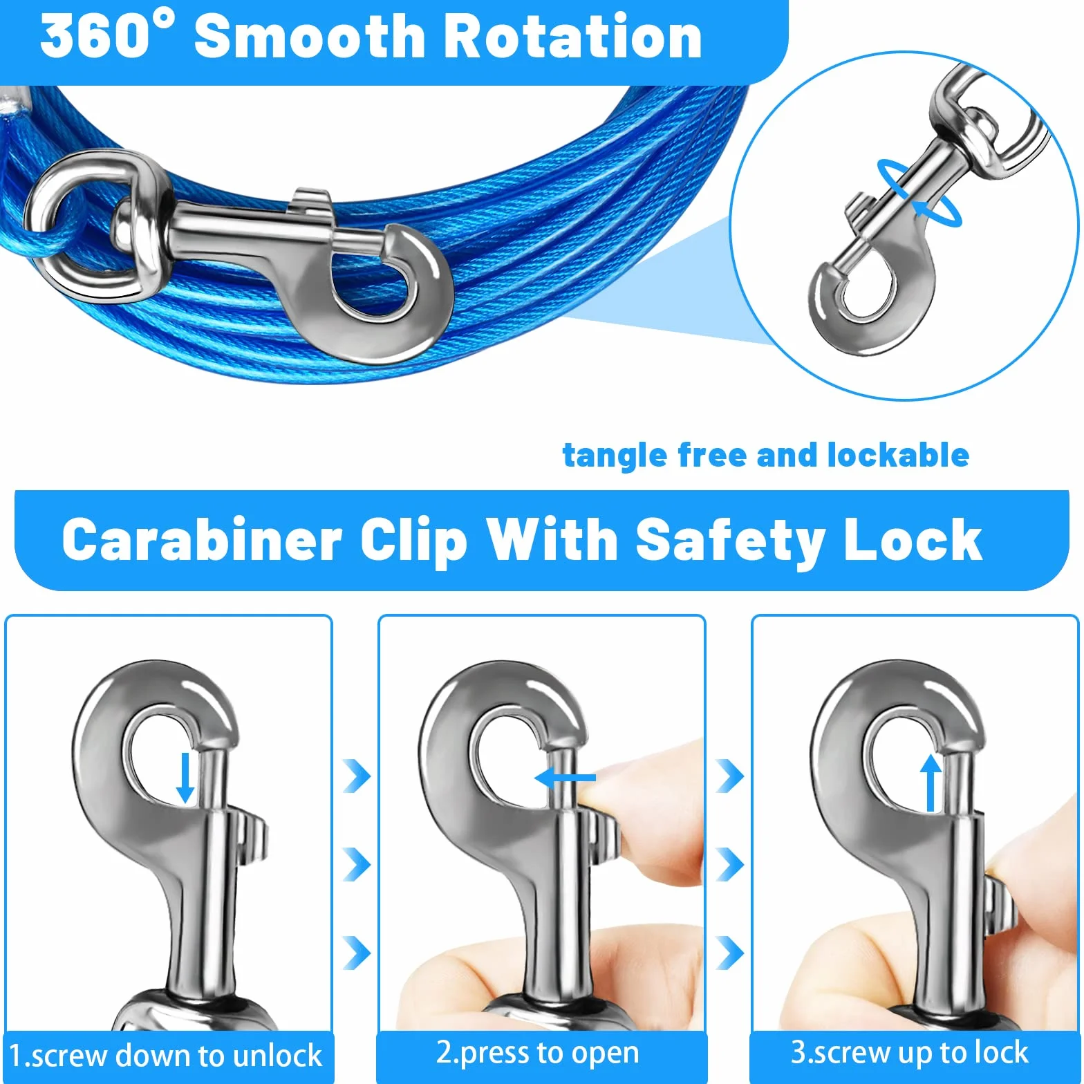 Dog Tie out Cable 10/15/20/25/30 FT Dog Runner for Yard Steel Wire Dog Cable with Durable Superior Clips Blue Dog Chains for Outside Dog Lead for Large Dogs Up to 165 lbs