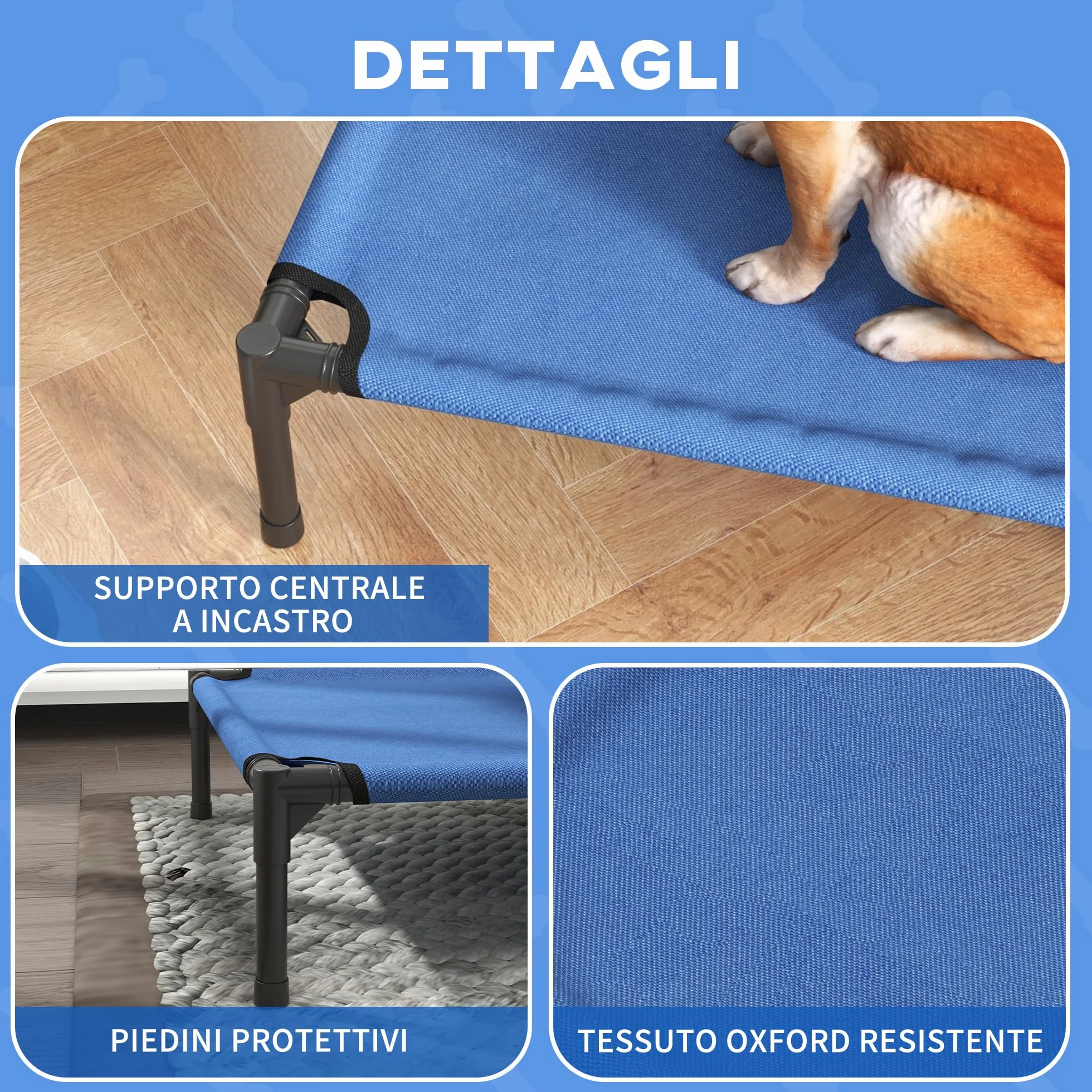 PawHut Brandina per Cani Taglia Media Pieghevole, Lettino Rialzato in Metallo e Tessuto Oxford, 76x61x18 cm, Blu