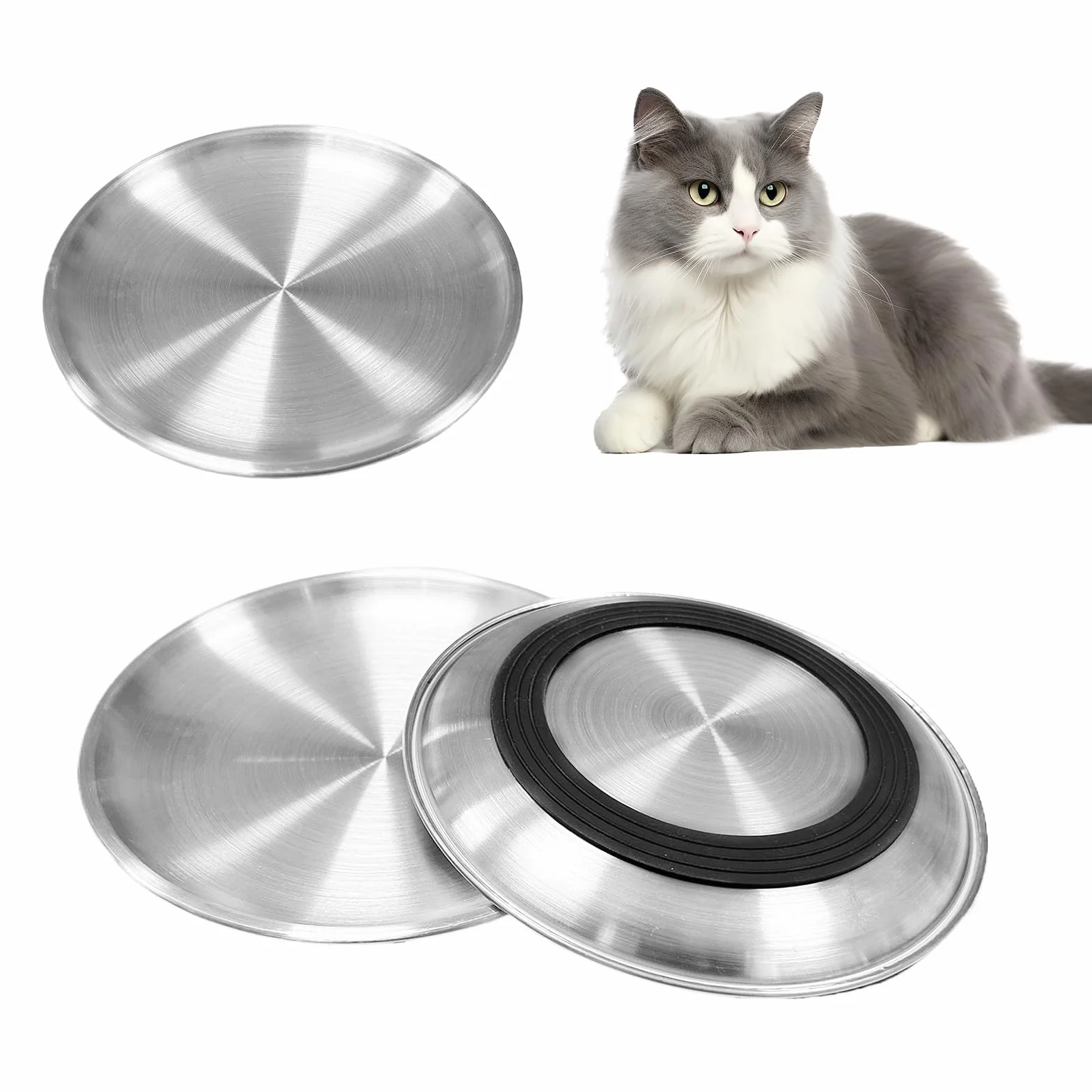 Set di 3 Ciotole per Gatti, Ciotole per Gatti in Acciaio Inossidabile con Base in Gomma Antiscivolo Ciotola Piatta Adatta ai Baffi, Facile da Pulire (17 cm/6,7 Pollici)