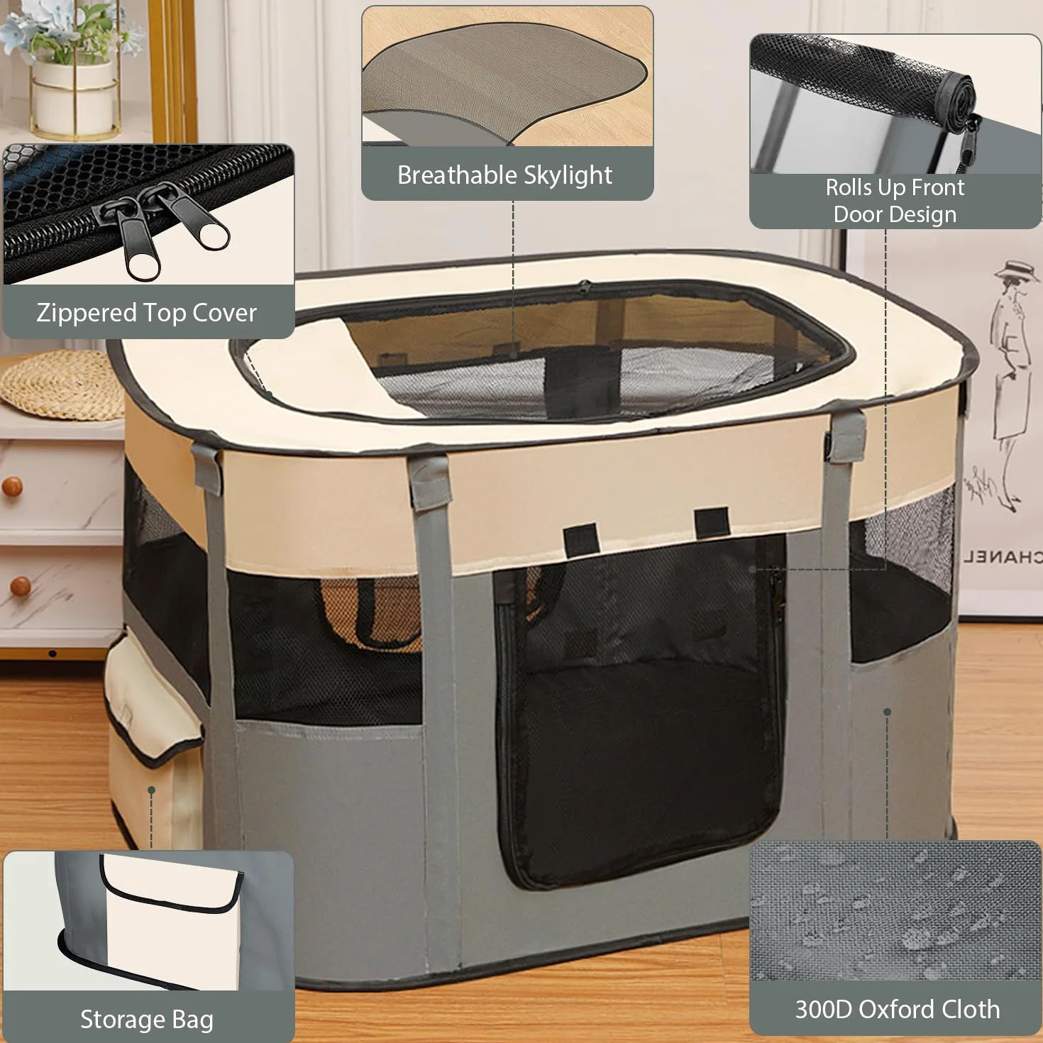 Recinto per Animali Pieghevole Box per Cani e Gatti Grigio 70 x 55 x 40 cm Traspirante Portatile